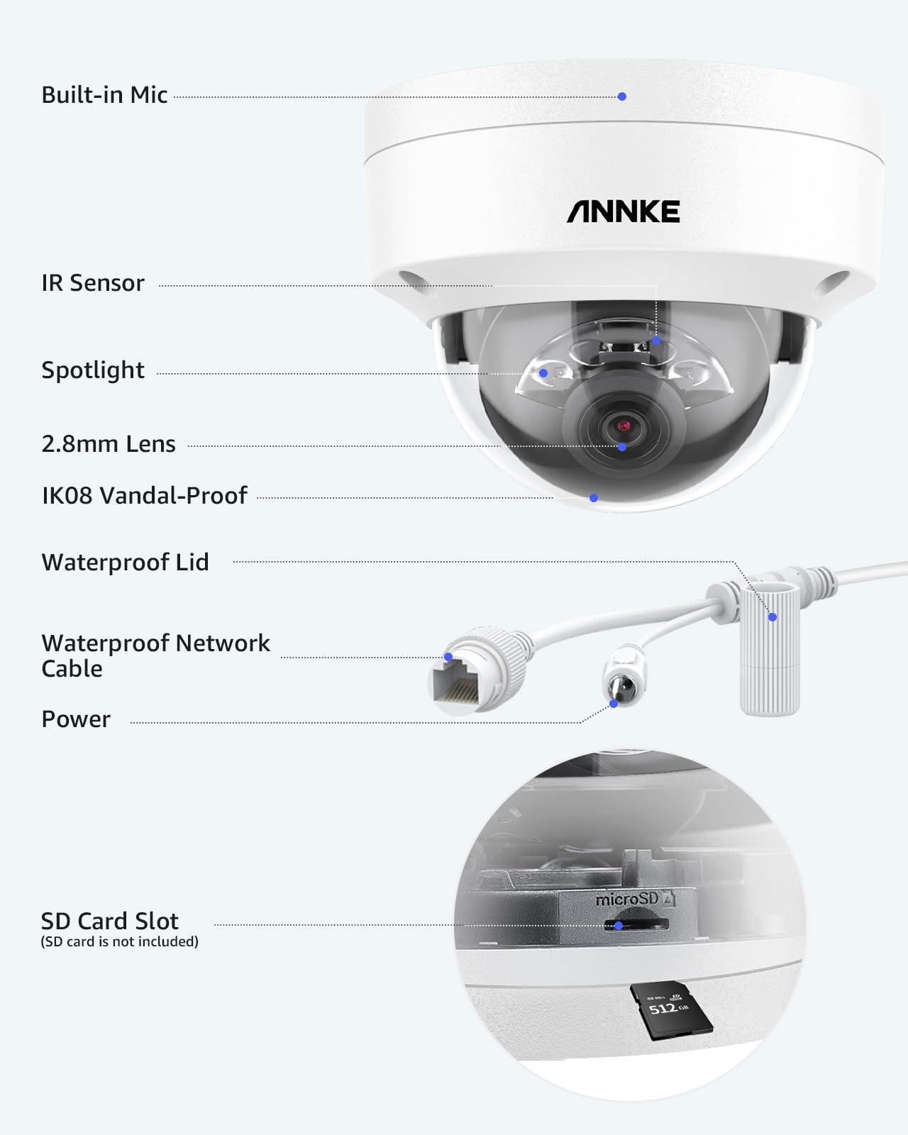 ANNKE ANNKE H1200 12MP PoE Security Camera System, 4X Wired IP Dome Camera and 12MP 8CH NVR Recorder, Color Night Vision, Smart Motion Detection, IP67 Outdoor & IK08, No HDD