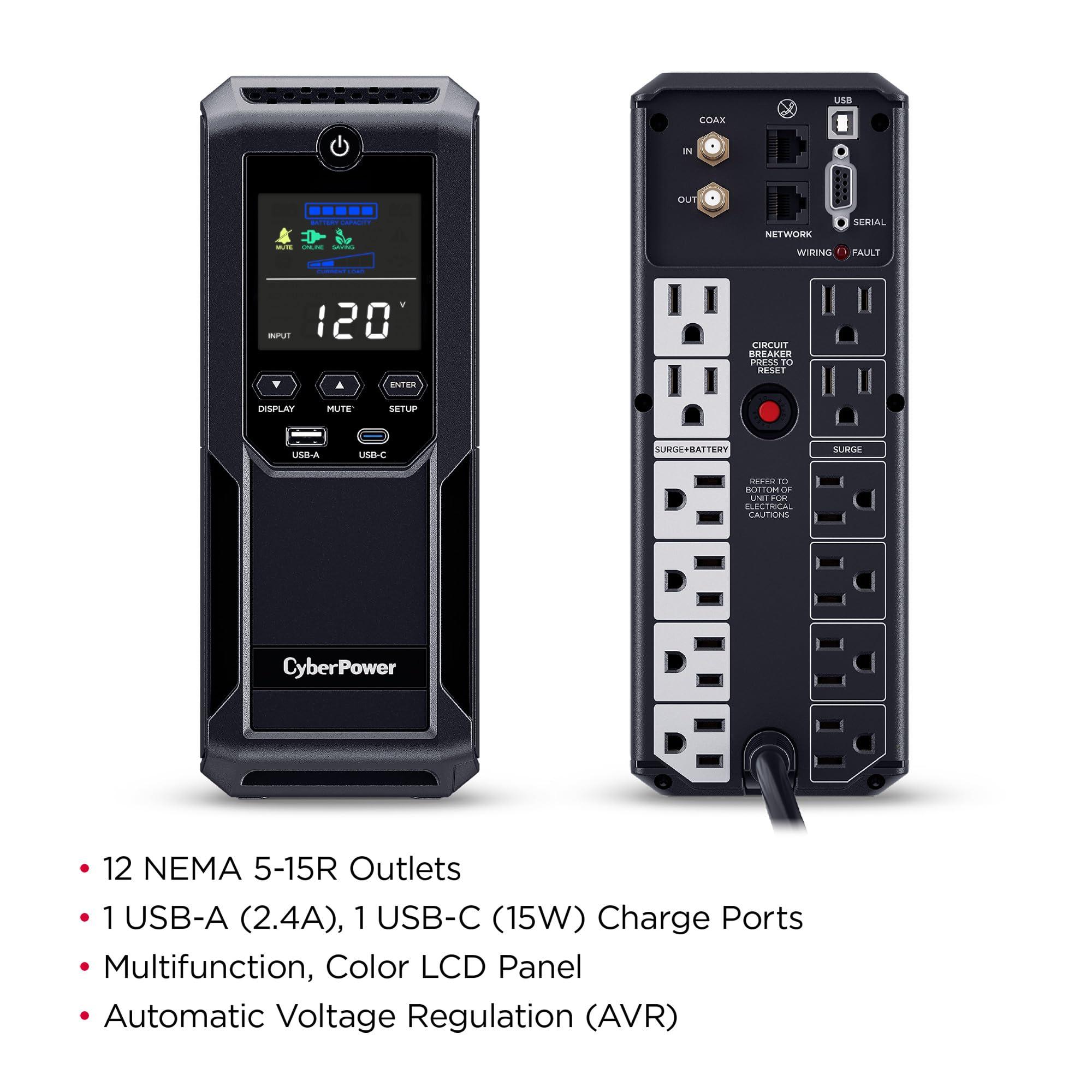 CyberPower CyberPower CP1350AVRLCD3 Intelligent LCD UPS System, 1350VA/815W, 12 Outlets, 2 USB Ports, AVR, Mini Tower, Black