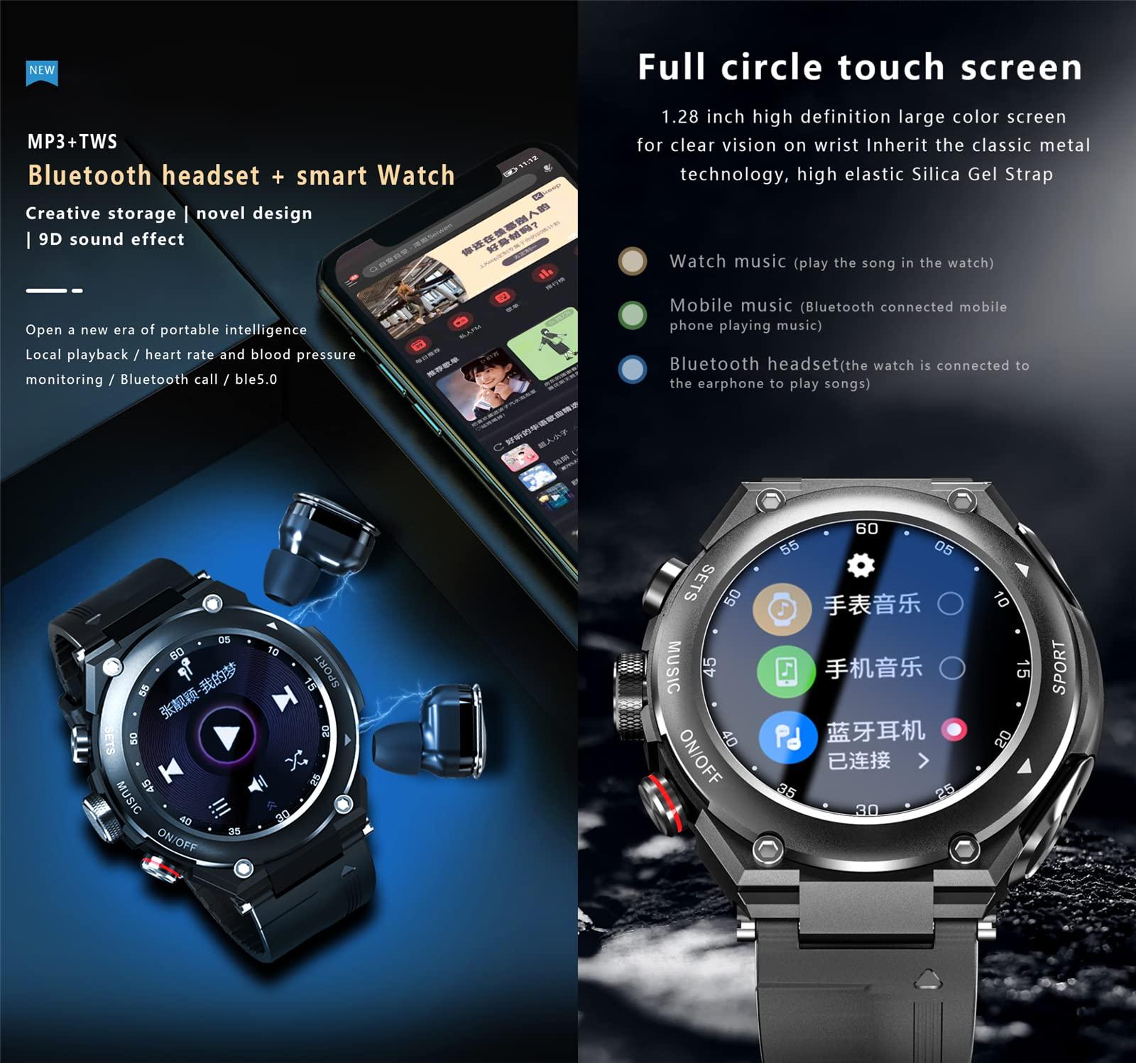 Tuanzi T92 Smart Watch with Earbuds MP3 Bluetooth Headset 3 in 1 1.28 Inch Smartwatch Built-in Wireless Earbuds Speaker Round Fitness Tracker Music Body Health Monitor (Black)