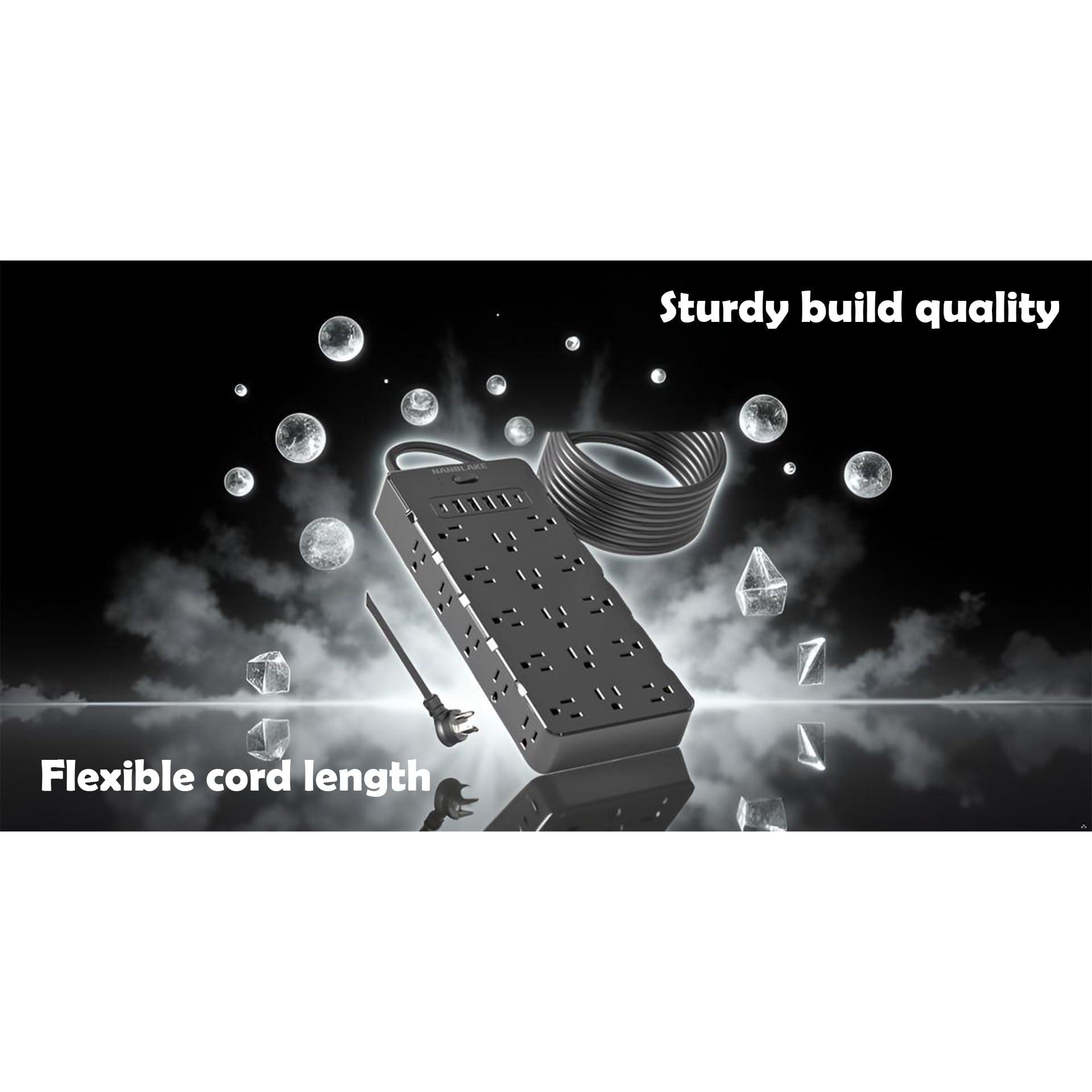 NANOLAKE Large Surge Protector Power Strip with USB Ports (4A+2C),Heavy Duty Extension Cord 14 Gauge 6.5 Ft,4000 Joules Surge Protection,25 Spaced AC Outlets,for Commercial,Home,Office,Dorm,Black,ETL Listed