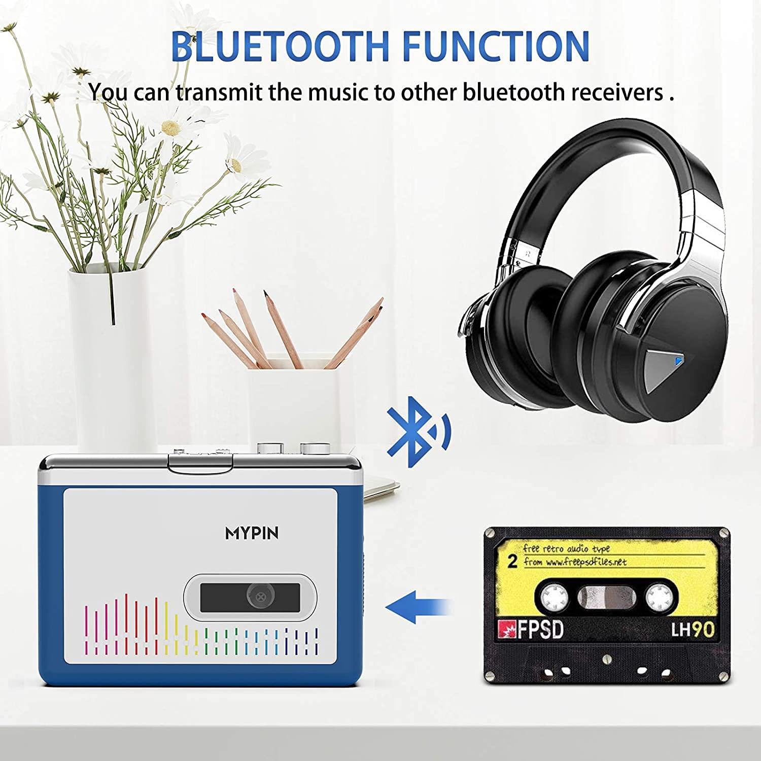 MYPIN Bluetooth Cassette Player with Headphone, Tape Player Bluetooth Output to Headphone/Speaker,Walkman Portable Cassette Tape Player 2 AA Battery or USB Power Supply, 3.5mm Headphone Jack