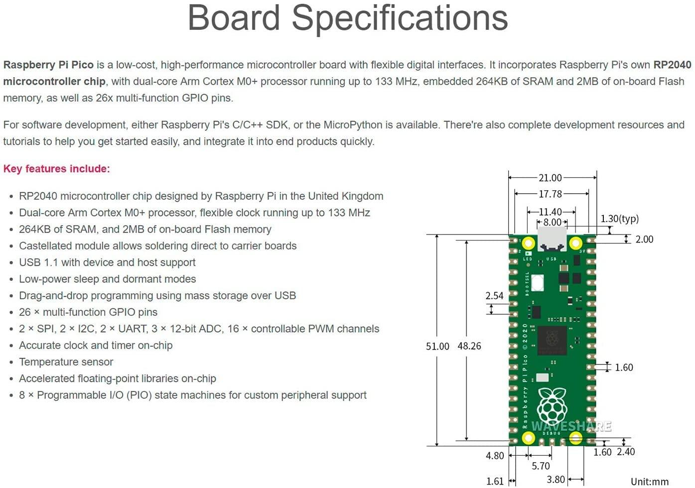 Adeept Adeept Raspberry Pi Pico with Pre-Soldered Header and USB Cable, Microcontroller Mini Development Board, Based on Raspberry Pi RP2040 Chip, Dual-Core ARM Cortex M0+ Processor