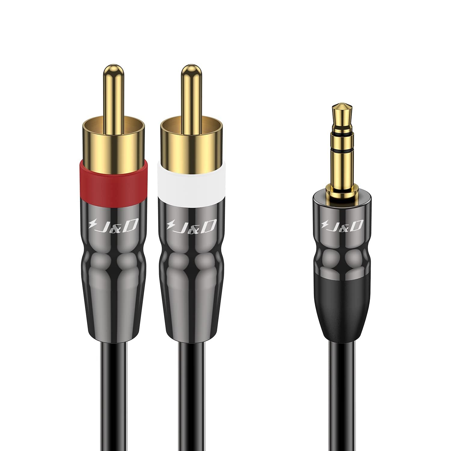 J&D J&D 3.5 mm to Dual RCA Male Stereo Audio Cable, Heavy Duty RCA Cable Gold Plated Copper Shell 3.5mm Male to 2 RCA Male Cable for Smartphone/MP3 Player/Tablet, 1 Feet