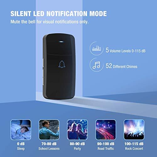 NOVETE Wireless Doorbell Kit, NOVETE Door Bell Operating at Over 1300 Feet, Waterproof Door Chime Kit with Two Plug-in Receivers, LED Indicators, 52 Melodies, Easy Setup for Home and Office