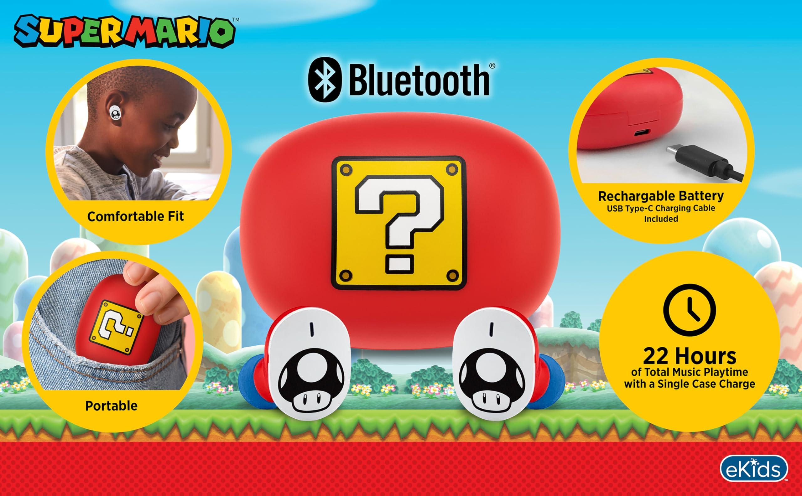 eKids eKids Wireless Earbuds with Microphone, Bluetooth Earbuds with Charging Case Designed for School, Home, or Travel (Mario)