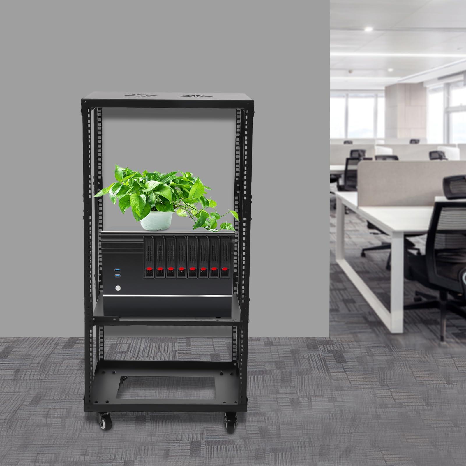 Tiardocge 18U Open Frame Server Rack, 4 Post Adjustable Mobile, Free Standing Rolling Network/Computer Equipment Data Rack for Servers and Networking AV Equipment