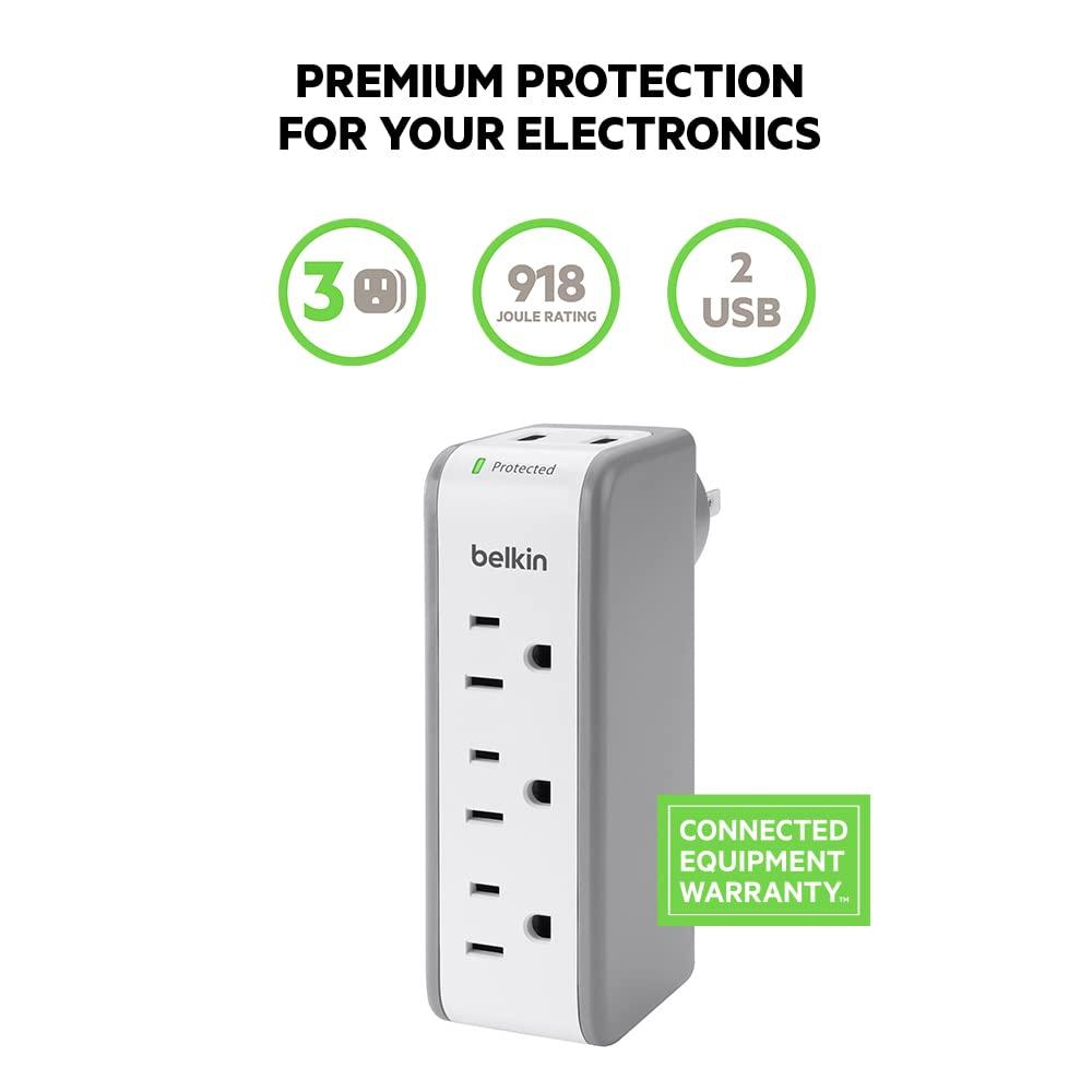 Belkin Belkin Wall Mount Surge Protector -3 AC Multi Outlets&2 USB Ports -Flat Rotating Plug Splitter - Wall Outlet Extender for Home,Office,Travel, Computer Desktop & Charging Brick (918 Joules) (Pack of 4)