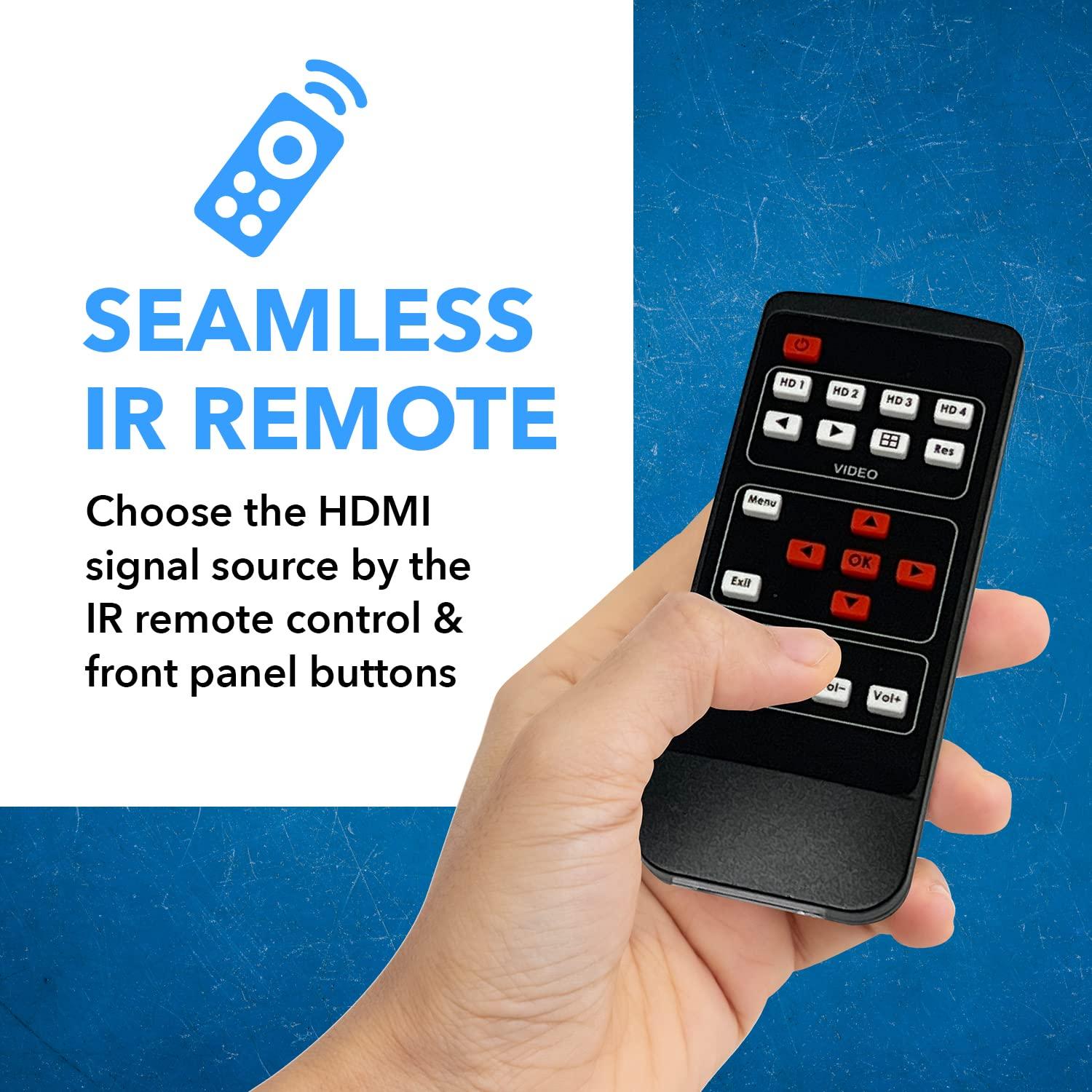 OREI OREI 4K Multi HDMI Viewer Quad 4 in 1 Out, Switcher 4 Ports Seamless IR Remote Support 4K @ 60Hz 1080P for PS4/PC/DVD/Security Camera, HDMI Switch Optical Audio L/R Output - UHD-401MV