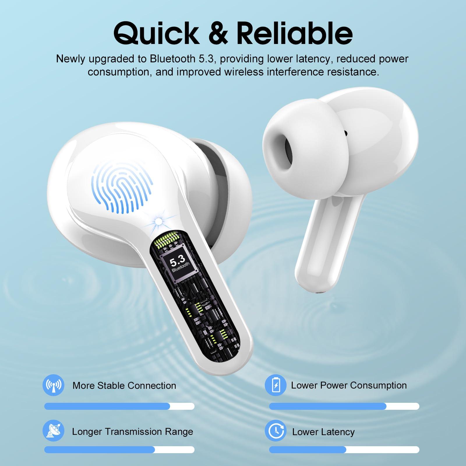 BESNOOW Wireless Earbuds Bluetooth 5.3 Headphones, 40H Playback HiFi Stereo Ear Buds with LED Display, ENC Noise Cancelling Earbuds, IP7 Waterproof in-Ear Earphone for iOS Andriod Sport/Workout/Running/White