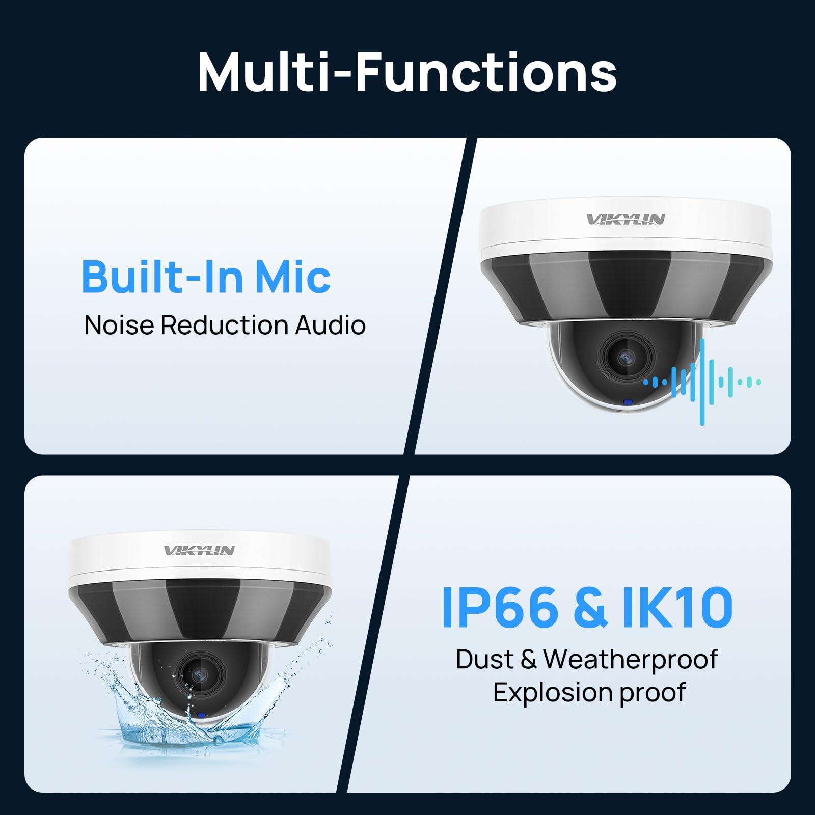 VIKYLIN 6MP IP PoE PTZ Camera Outdoor with Pan/Tilt 3X Optical Zoom,2.8-8mm Motorized Lens,98ft IR Night Vision, Built-in Mic, Human/Vehicle Detection,IP66&IK10, Blue Iris, NDAA Compliant Dome Mini PTZ Camera