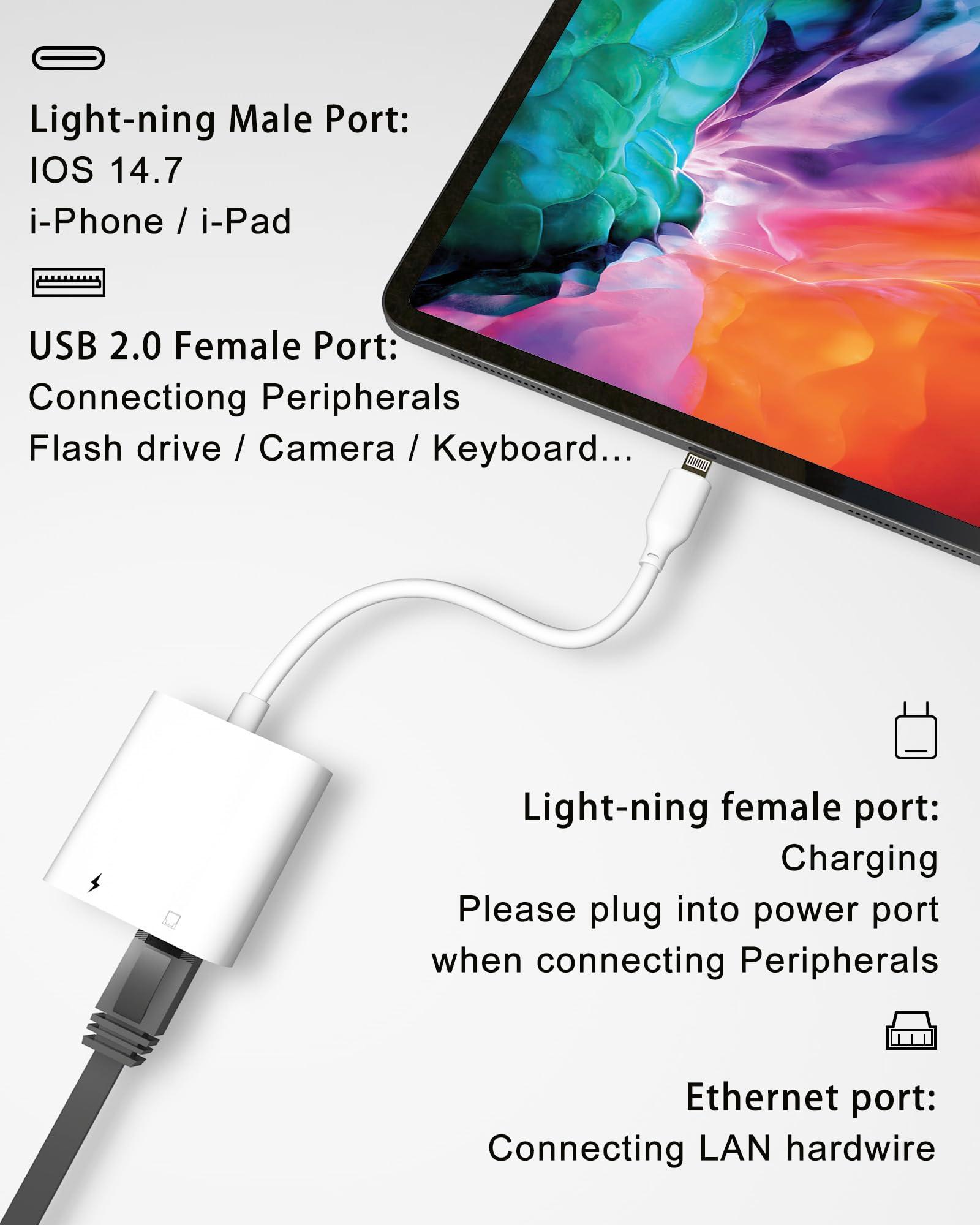 RICHUPON Lightning to Ethernet Adapter with Charging[Apple MFi Certified] RJ45 to Lightning Ethernet LAN Network Adapter, Compatible with iPhone 14 13 12 11/iPadSupports 100Mbps High Speed Ethernet Network