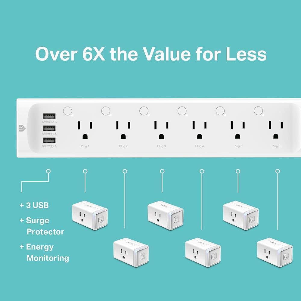 Kasa Smart Kasa Smart Plug Power Strip HS300, Surge Protector with 6 Individually Controlled Smart Outlets and 3 USB Ports, Works with Alexa & Google Home, No Hub Required , White