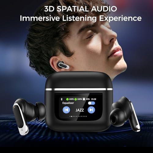 Alpha Digital Alpha Digital Wireless Earbuds with LCD Touch Screen, Bluetooth 5.3, Noise Cancelling, 1.47" Screen, 32H Playback, IP4 Waterproof, Lightweight, ANC & Transparency Mode, 450mAh Wireless Charging Case