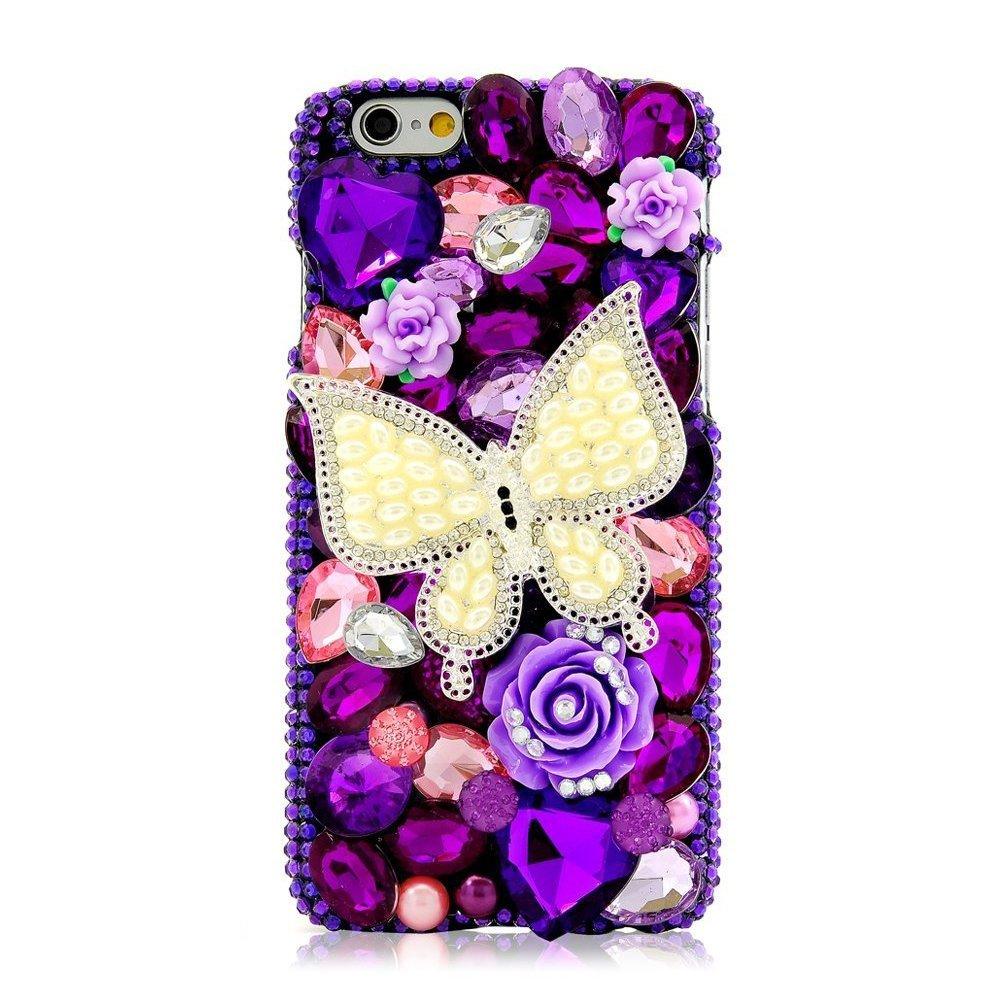STENES STENES Bling Phone Case Compatible with iPhone 4S Case - Luxurious Crystal 3D Handmade Sparkle Diamond Rhinestone Clear Cover - Pearl Butterfly Rose Flowers/Purple