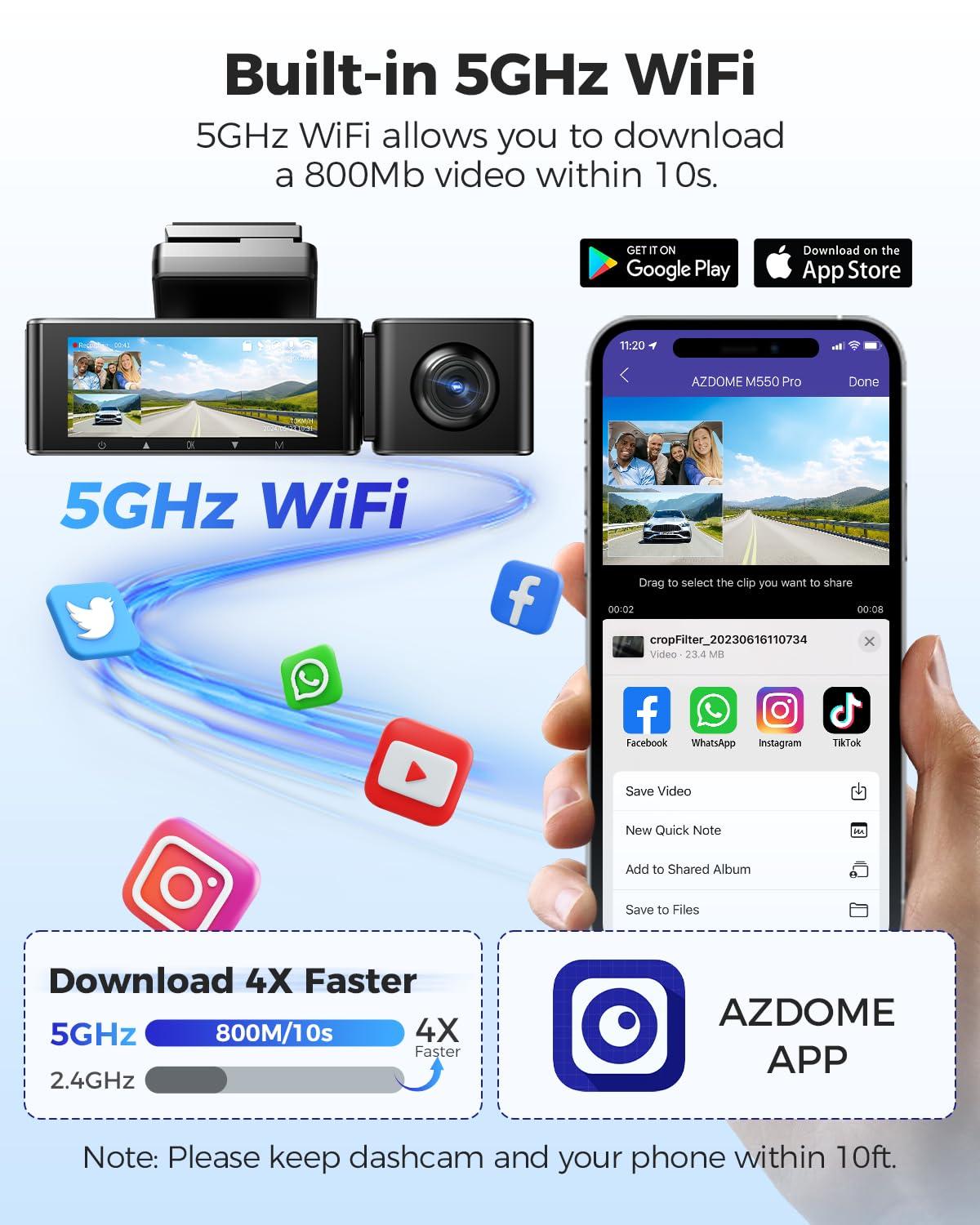 AZDOME AZDOME M550 Pro 5G WiFi 3 Channel Dash Cam Built-in GPS, 4K Dual Dash Camera Front and Rear with 64GB Card, 2.5K+1080P+1080P Triple Car Camera, 3.19" IPS Screen, IR Night Vision, 24H Parking Mode