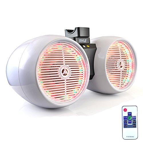 Pyle Pyle Marine Wakeboard Tower Speakers - Waterproof 6.5” Dual Subwoofer Speaker Set & 1.0” Tweeters, LED Lights and 400 Watt Power - 2-Way Boat Audio System w/Mounting Bracket-PLMRWB852LEW (White)