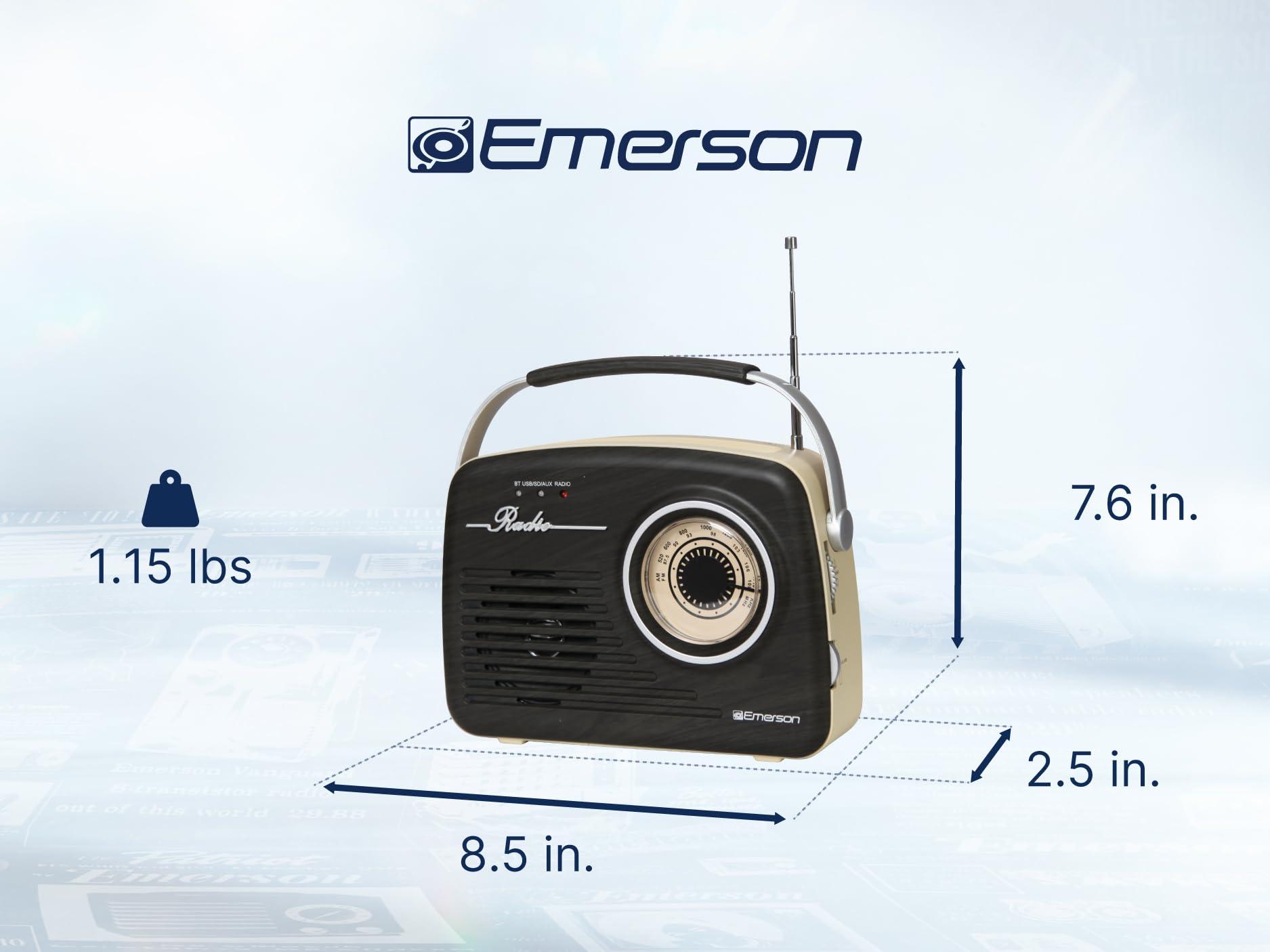 Emerson Emerson EAS-3002 Portable Bluetooth Retro Radio with AM/FM Tuner, USB/AUX Inputs, Built-in Rechargeable Battery, and Carrying Handle, Espresso