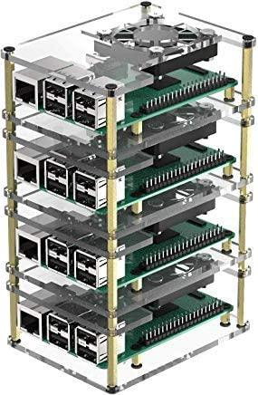 MICRO CONNECTORS Micro Connectors Four (4) Layer Stackable Acrylic Raspberry Pi 3 Case for Model B B+ and Pi 4 Enclosure with Fan and Heatsinks - Clear (RAS-PCS46)