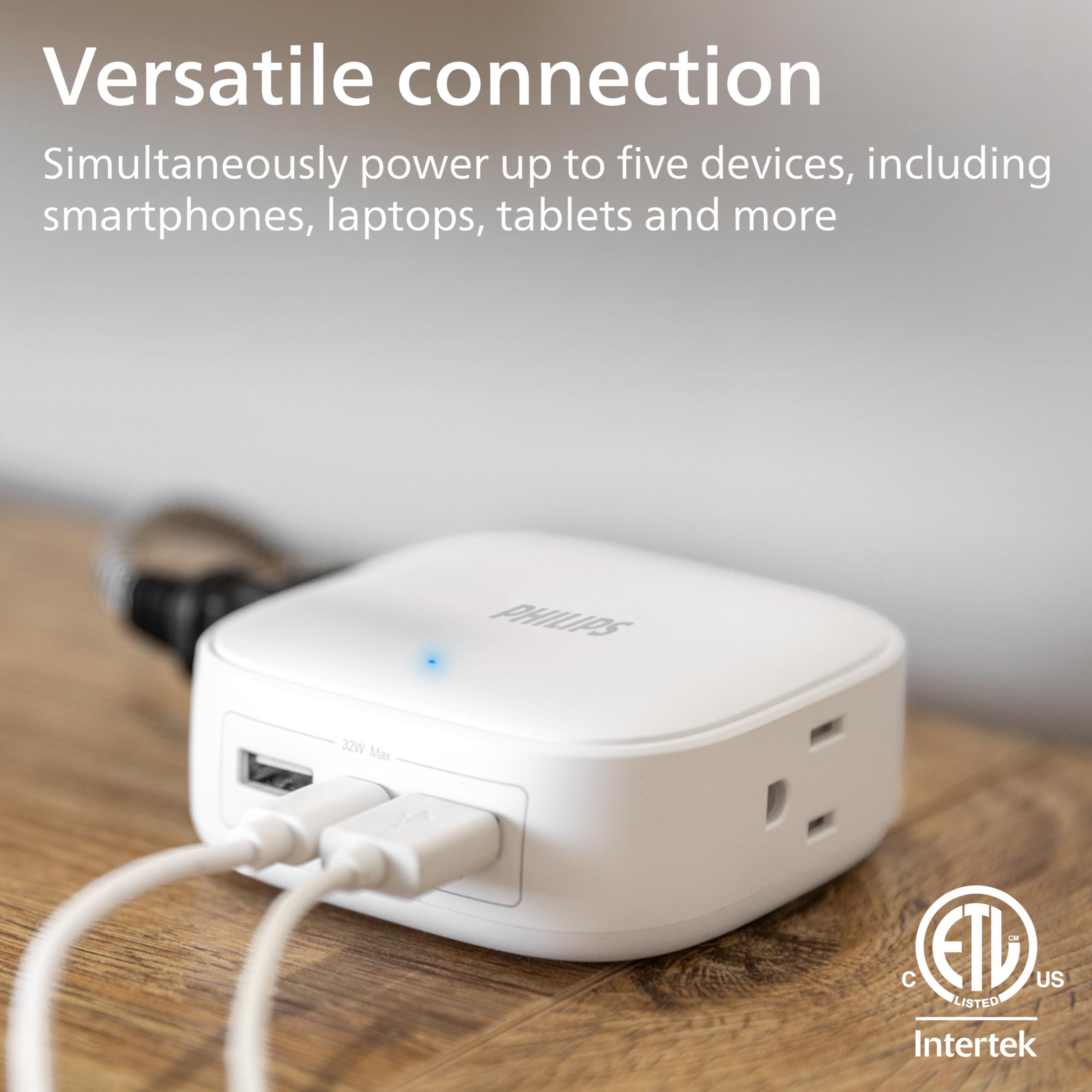 Philips Philips USB Desktop Charging Station, 32W 5 Ft USB C & A Ports, 2 Grounded Outlets, Multiport Charging Hub for iPhone 13-16 Series, iPad Pro, Braided Cord, DLP3553W/37