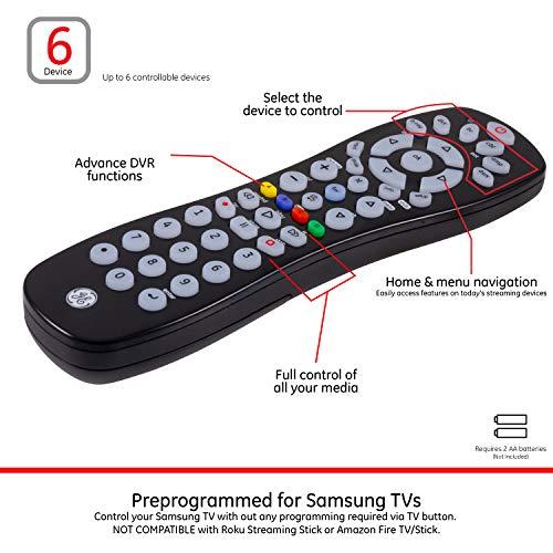 GE home electrical GE Universal Remote Control for Samsung, Vizio, Lg, Sony, Sharp, Roku, Apple TV, TCL, Panasonic, Smart TVs, Streaming Players, Blu-Ray, DVD, 6-Device, Black, 34459