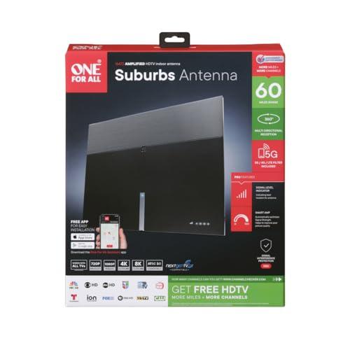 One For All One for All 16472 HDTV 1080p Amplified Indoor TV Antenna 50 Mile Range with Multi Directional Reception, 8 Feet Coaxial Cable & Signal Level Indicator - Black