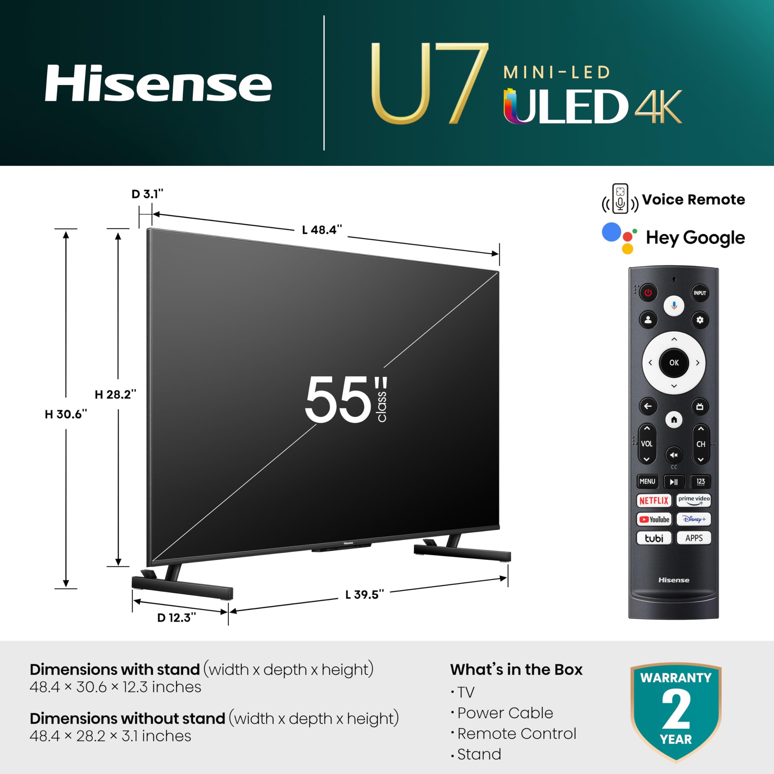 Hisense Hisense 55-Inch Class U7 Series Mini-LED ULED 4K UHD Google Smart TV (55U7K) - QLED, Native 144Hz, 1000-Nit, Dolby Vision IQ, Full Array Local Dimming, Game Mode Pro, Alexa Compatibility