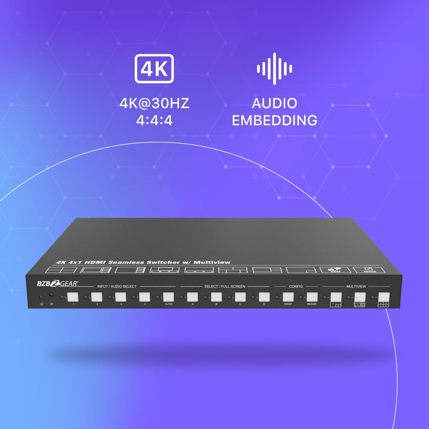 BZB GEAR 4x1 4K UHD HDMI Seamless Switcher Scaler and MultiViewer with IP/RS232 Control and Audio De-embedding