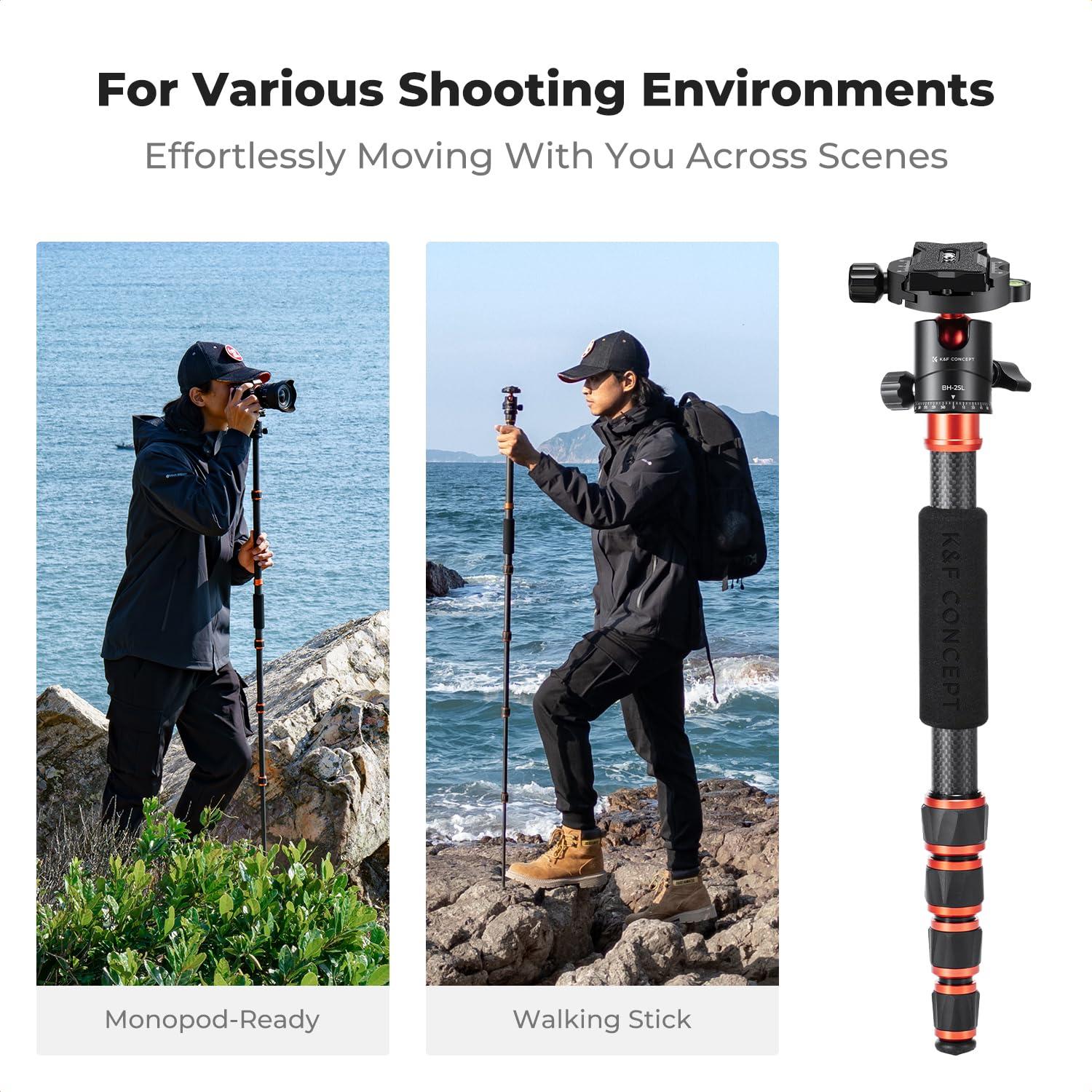 K&F Concept K&F Concept 60 inch Carbon Fiber Camera Tripod,Super Lightweight Compact Travel Tripod with 360 Degree Ball Head,Quick Release Plate,Detachable Monopod 8KG Load Capacity for SLR DSLR C225C0 (BA225)