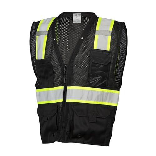 ML Kishigo Kishigo Black Enhanced Visibility Unisex Vest B100, Multi Pocket Mesh Hi-Vis Vest, Ultra-Cool Polyester Material, 6 Pockets, Zipper Front Closure, Construction Work Safety Vest (Black EV, LG-XL)