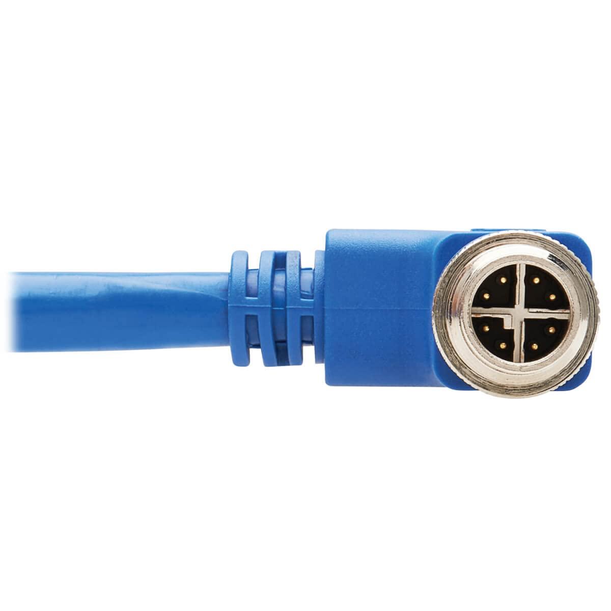 Tripp Lite Tripp Lite M12 X-Code Cat6a Shielded Ethernet Cable, Right-Angle M12/RJ45 Cable, 10G F/UTP CMR-LP (M/M), IP68, 60W Power Over Ethernet, Blue, 16.4 Feet / 5 Meters, (NM12-6A4-05M-BL)