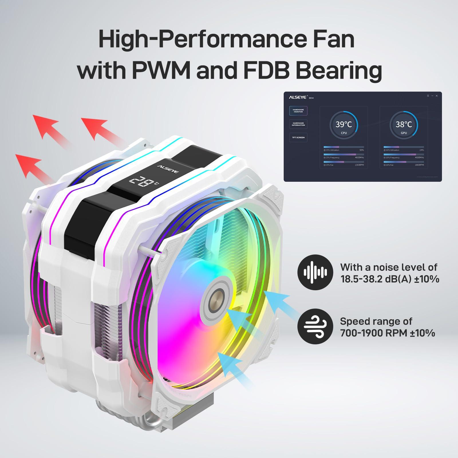 ALSEYE ALSEYE M120D Plus CPU Cooler with Temperature Display, Dual ARGB & PWM Fans, 6 Copper Heat Pipes - Compatible with Intel LGA1700/1200/115X/2011/2066/1366 and AMD AM4/AM5 - Easy Installation - White