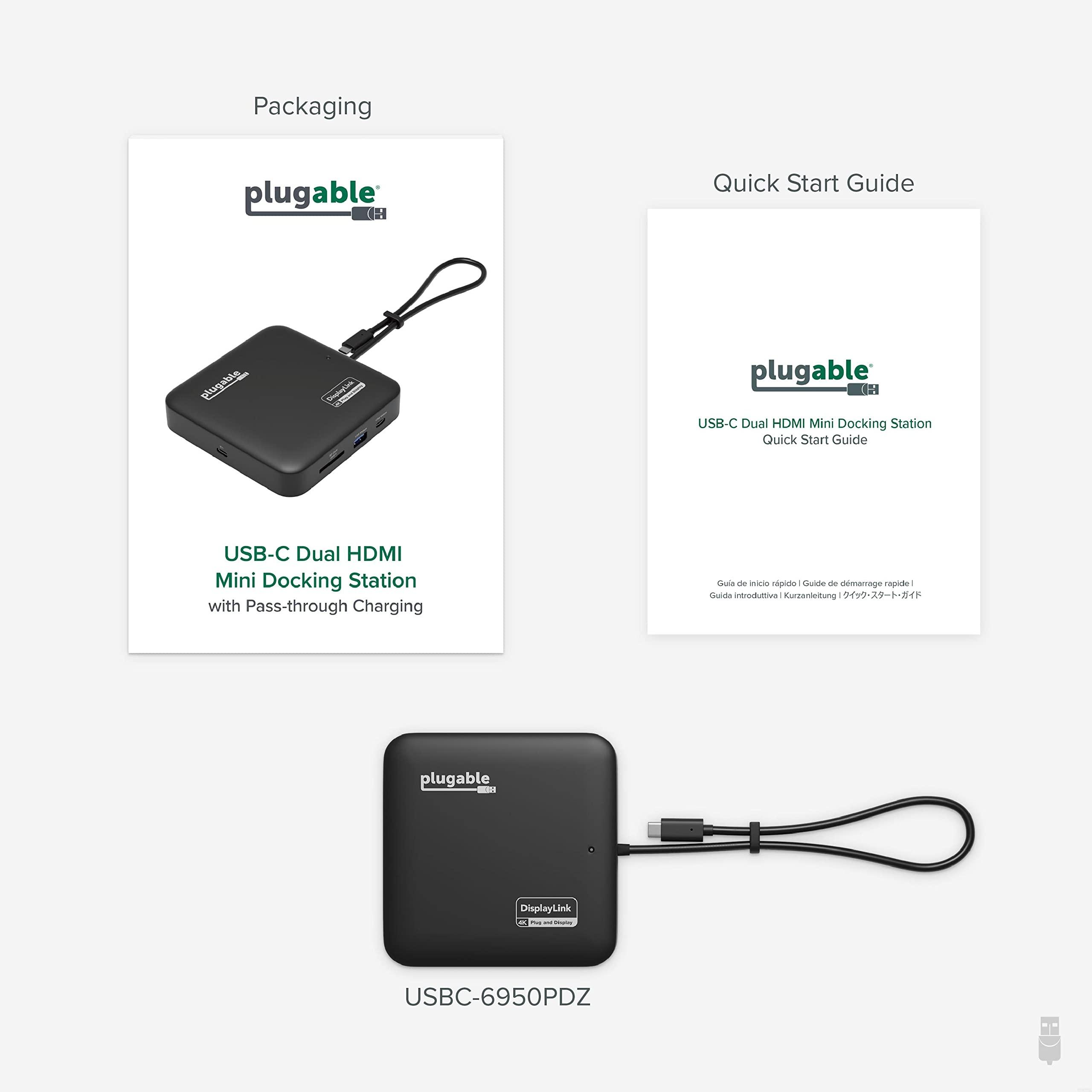 Plugable Plugable 7-in-1 USB-C DisplayLink Dock Dual 4K HDMI (Requires DisplayLink Driver), 100W PD Charging, USB4 & Thunderbolt Compatible, Gigabit Ethernet, USB-A/C, SD Card for Mac & Windows Laptops