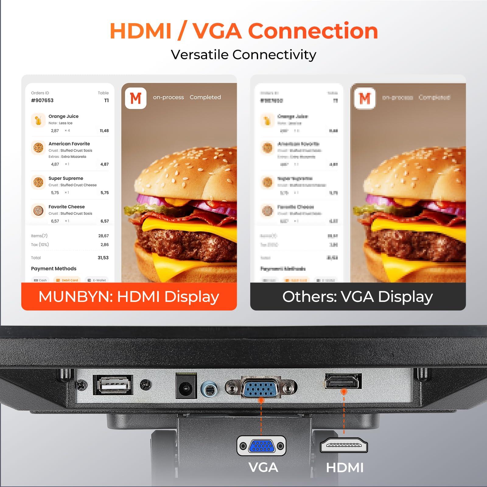 MUNBYN MUNBYN 12-inch POS Touchscreen Monitor, LED POS Monitor, HDMI/VGA Capacitive Screen Display, Foldable Stand POS Touch Screen Monitor for Retail, Restaurant, Bar, Small Business, No Driver Required