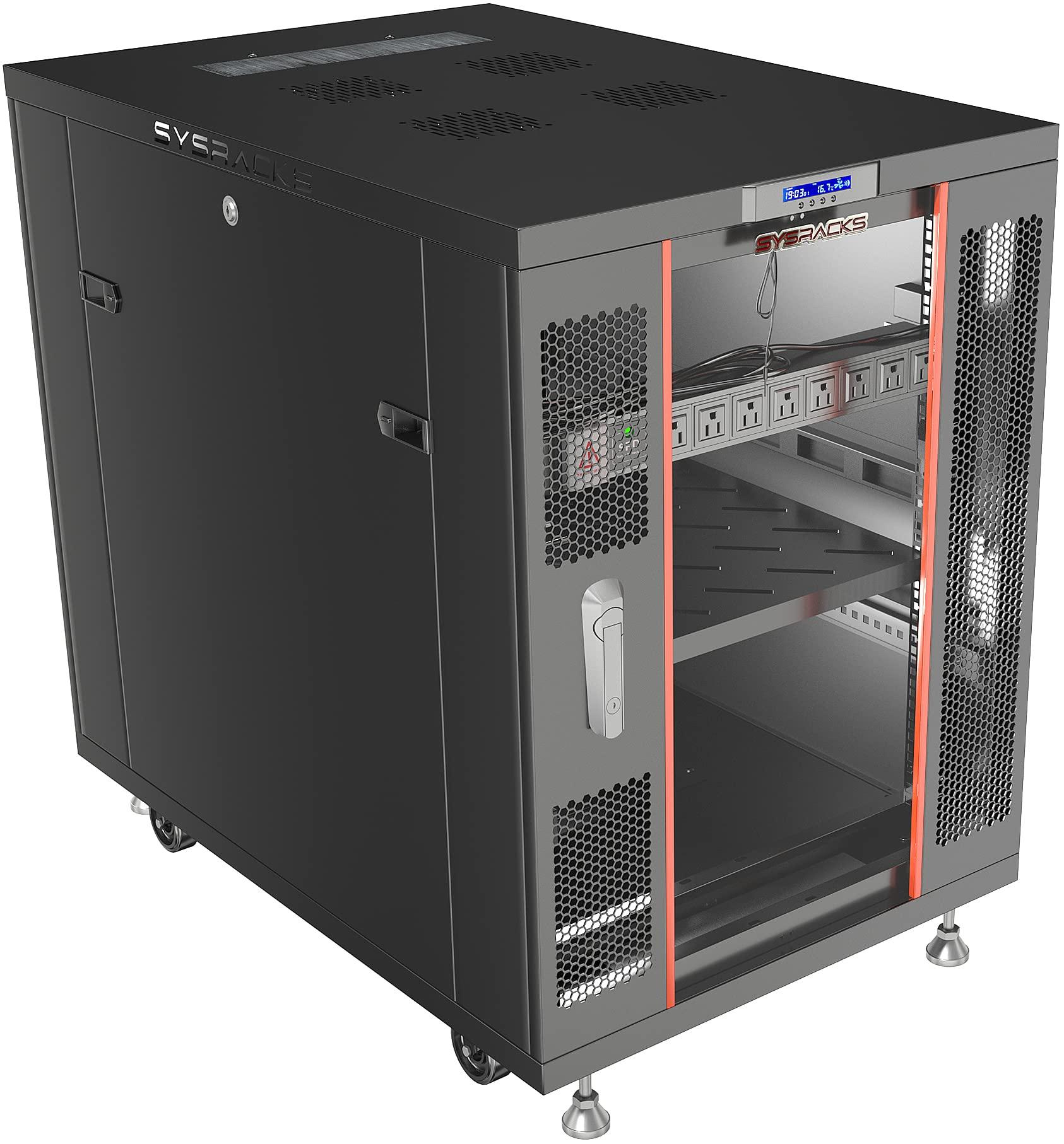 Sysracks Sysracks 22U Server Cabinet 39-inch deep Server Rack Locking Network Cabinet with Thermocontroller, LCD-Screen, 4 Fans, Power Strip, Shelf, Wheels, Dust-Tight Cable Entries and Other Accessories