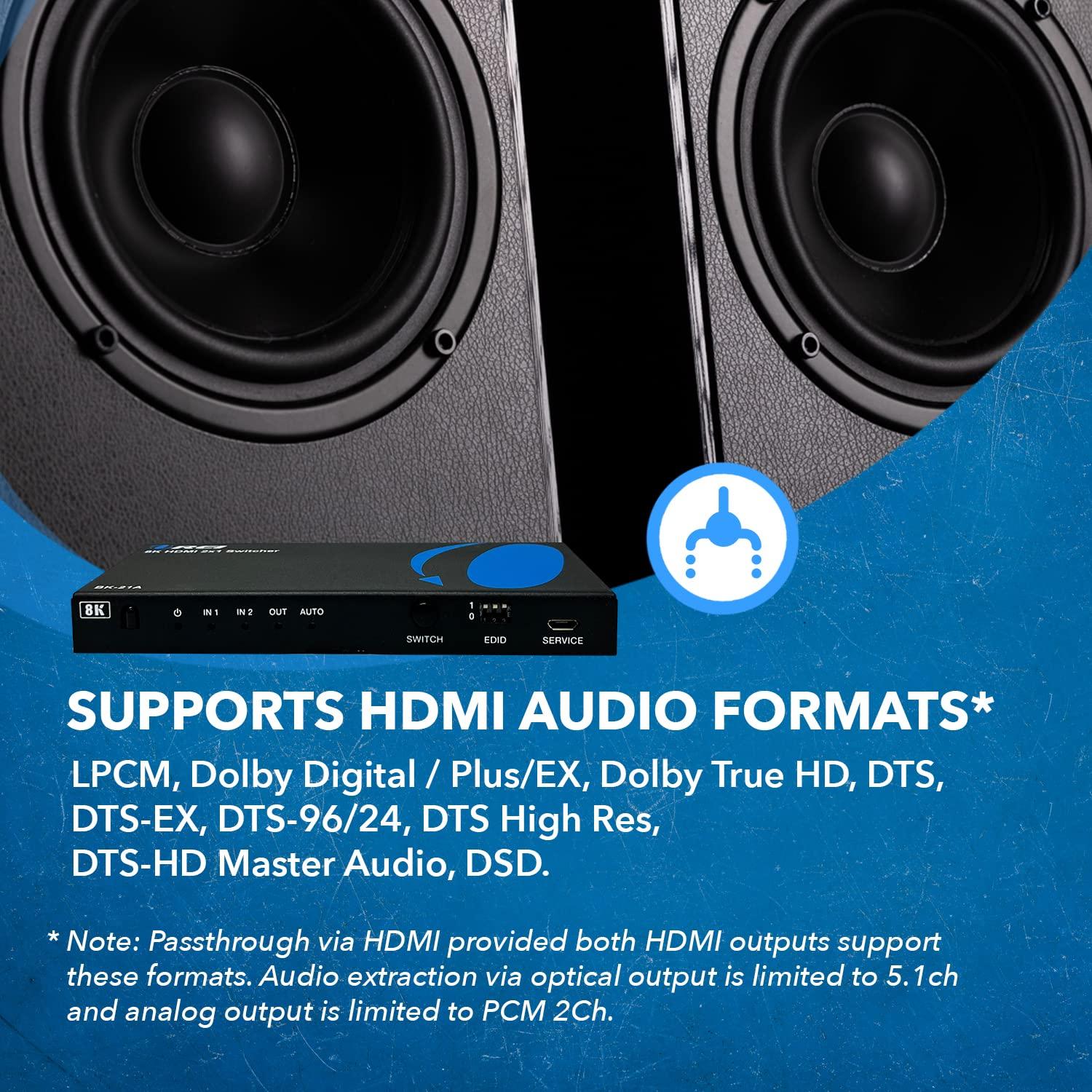 OREI OREI 8K HDMI 2.1 Switch 4K@120hz Switcher 2 in 1 Out, with Audio Extraction 48Gbps Bandwidth, Ideal for Gaming and Streaming (BK-21A)