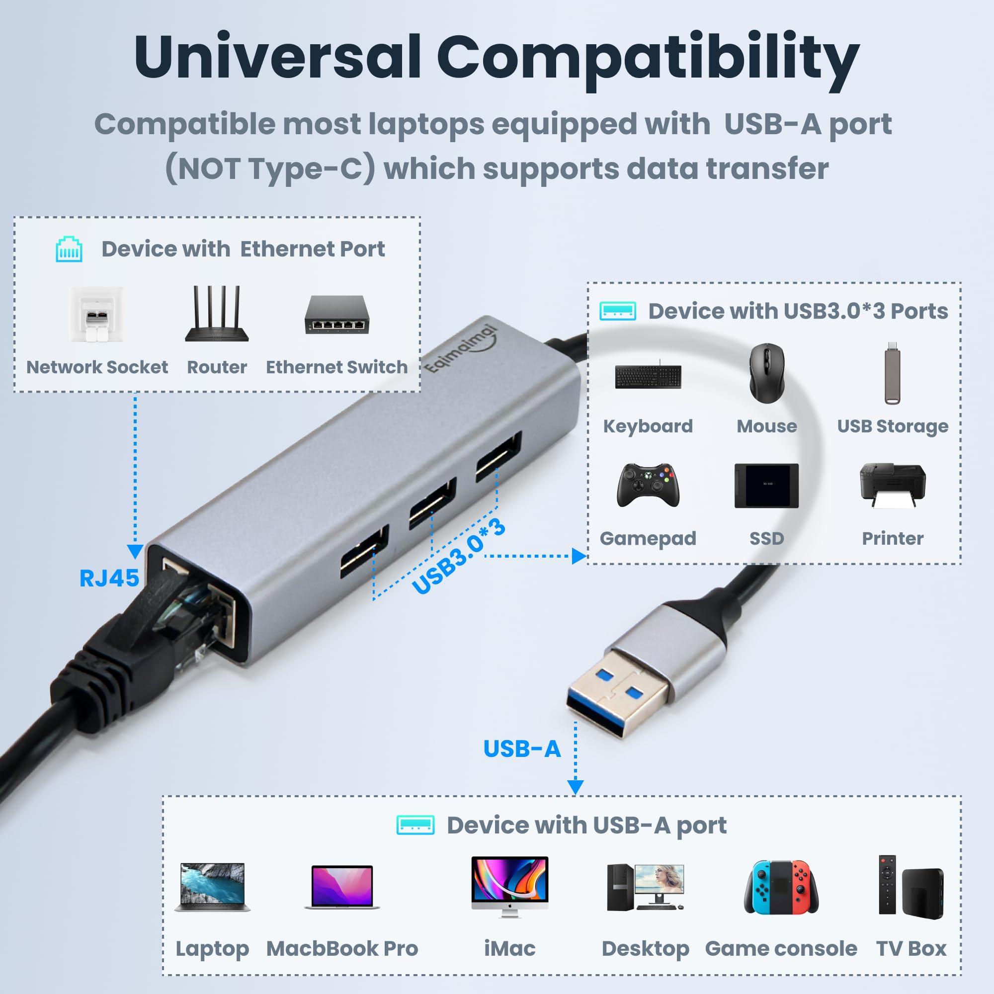 eqimaimai USB to Ethernet Adapter,USB Hub with Ethernet,USB 3.0 Hub with RJ45,USB A to Ethernet with USB 3.0 Ports,USB Hub with 1GB RJ45 Ethernet,Compatible with Windows,Mac OS,Linux,and More