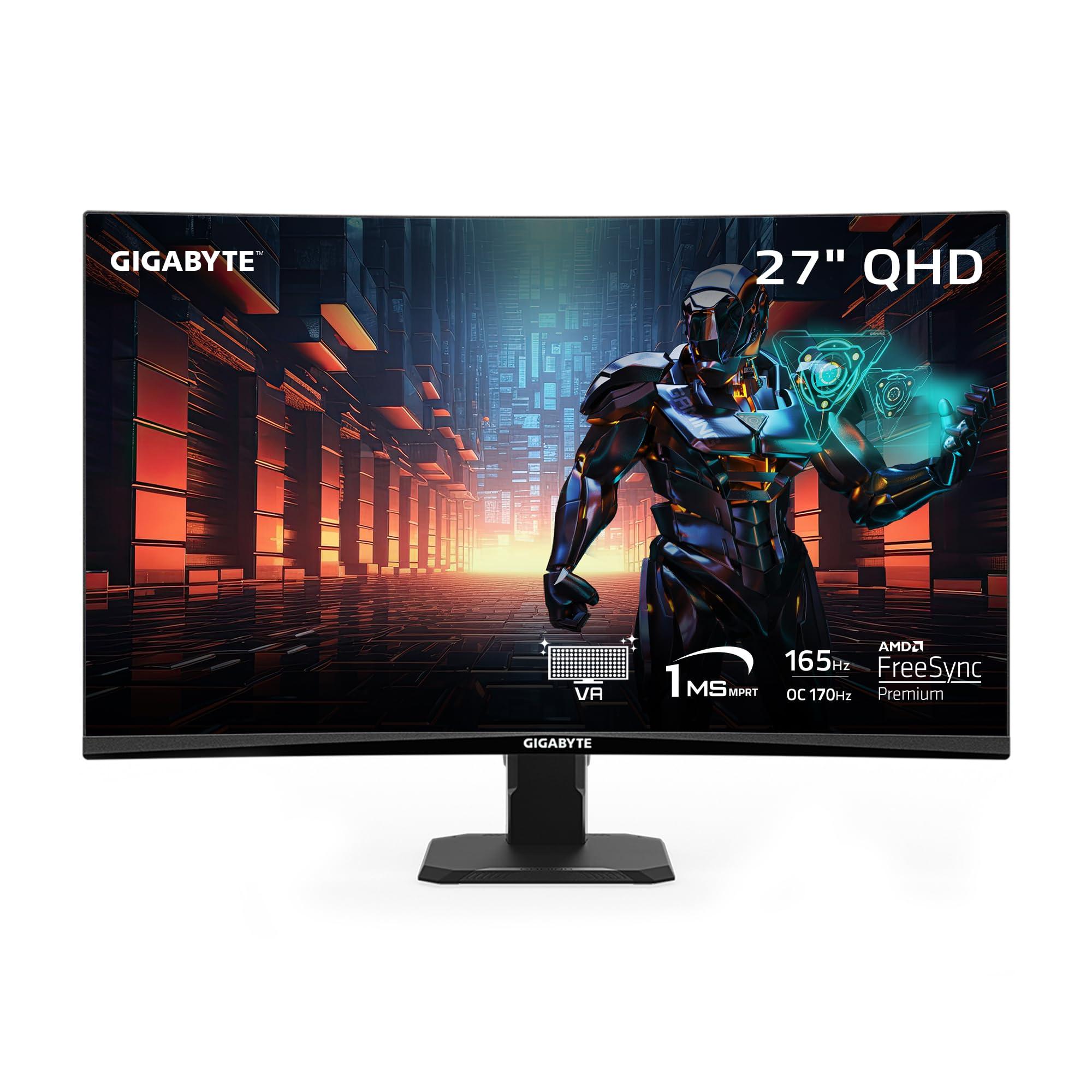 GIGABYTE GIGABYTE GS27QC 27" 165Hz 1440P Curved Gaming Monitor, 2560 x 1440 VA 1500R Display, 1ms (MPRT) Response Time, HDR Ready, FreeSync Premium, 1x Display Port 1.4, 2X HDMI 2.0,Black