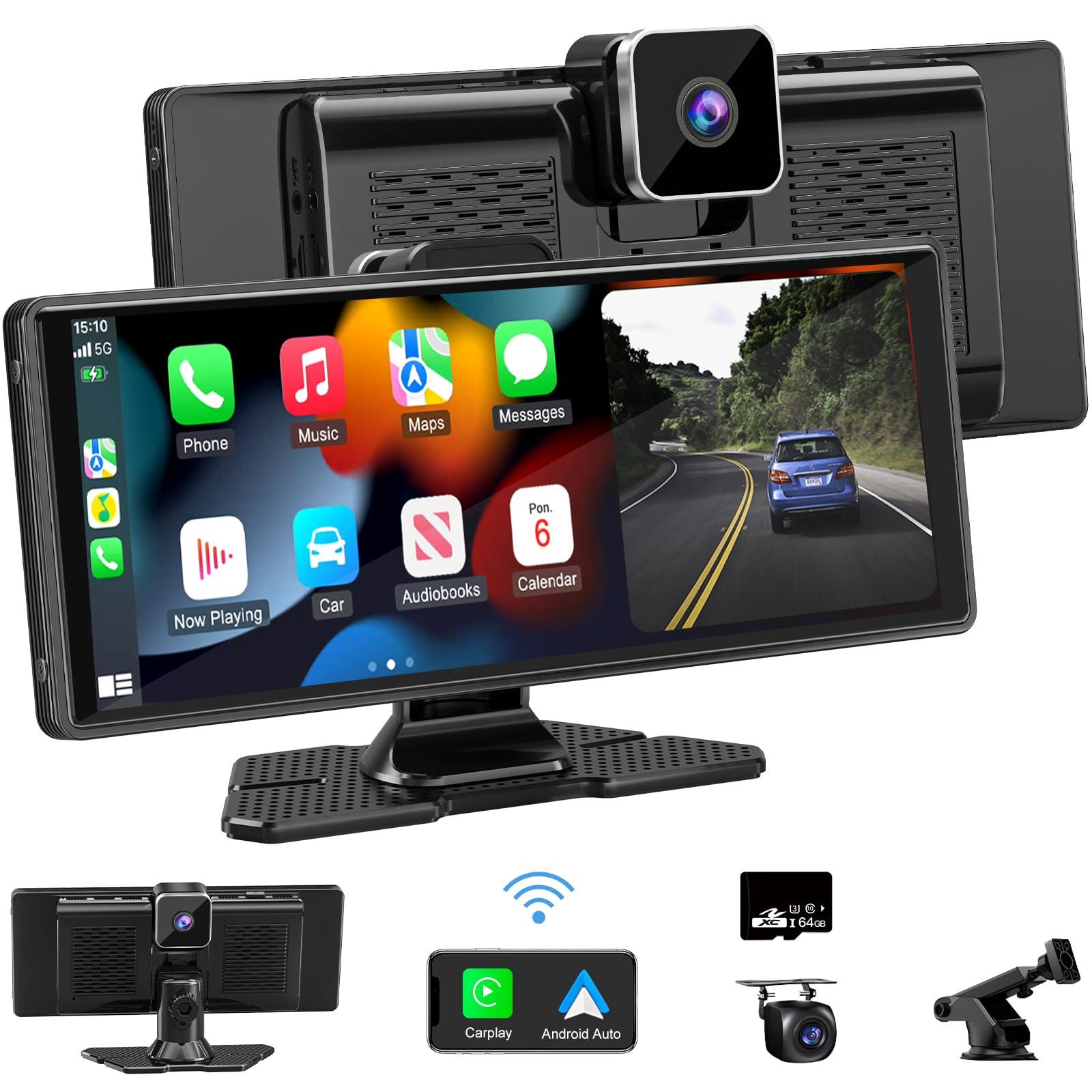Accfly Carplay Screen for Car,10.26\" HD IPS Wireless Portable Car Stereo for Apple Carplay&Android Auto,Car Audio Receivers with 4K Dash Cam/1080P Rear Camera,GPS Navigation,Mirror Link,FM,Voice Control