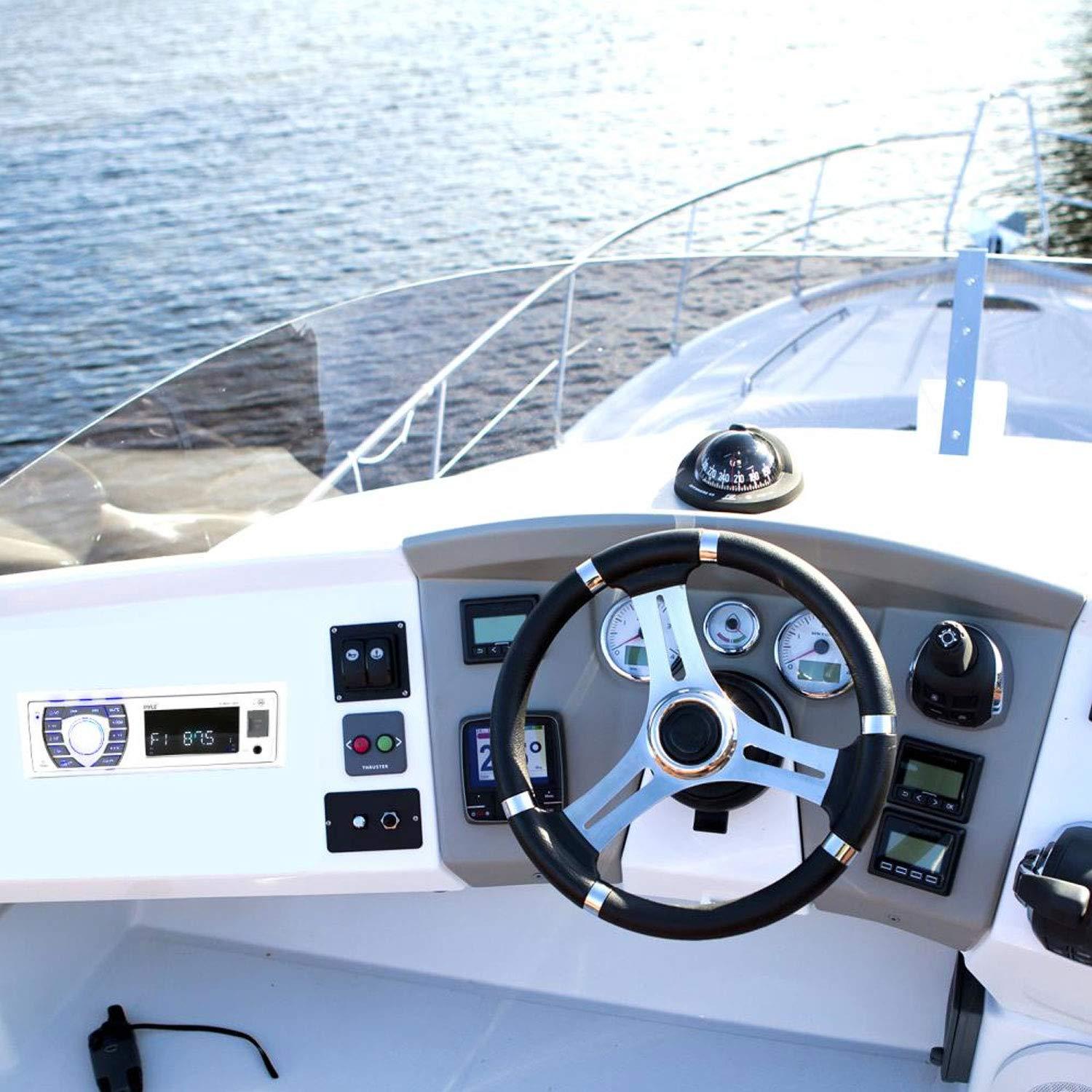 Pyle Pyle Bluetooth Marine Receiver Stereo - 12v Single DIN Style Boat In dash Radio Receiver System with Digital LCD, RCA, MP3, USB, SD, AM FM Radio - Remote Control, Wiring Harness - PLRMR23BTW (White)