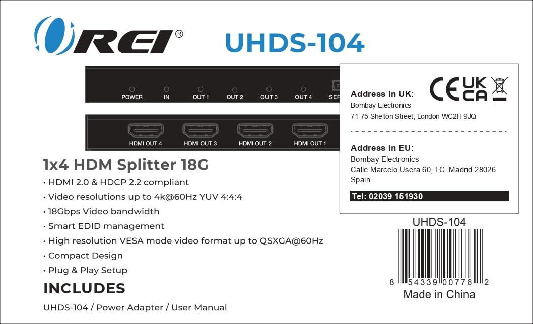 OREI Orei UltraHD 4K @ 60 Hz 1 X 4 HDMI Splitter 1 in 4 Out 4 Port 4: 8-Bit - HDMI 2.0, HDCP 2.0, 18 Gbps, EDID, Duplicate / Mirror 4K Screens - UHDS-104