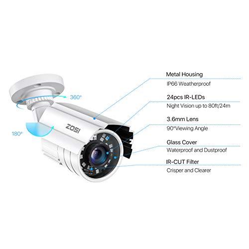 ZOSI ZOSI 2MP HD 1920TVL Outdoor Indoor Security Camera 1080p (Hybrid 4-in-1 HD-CVI/TVI/AHD/960H Analog CVBS), 24PCS LEDs, 80ft IR Night Vision, Weatherproof Surveillance CCTV Bullet Camera