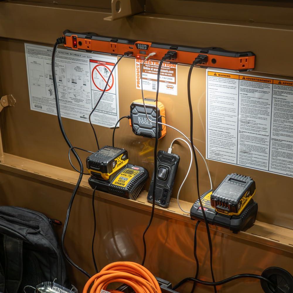 KLEIN TOOLS Klein Tools 29602 Magnetic Power Strip, Surge Protector with Motion Sensor LED Light, 5 Outlets, USB-C and 2 USB-A Ports, 5-Foot Cord, Heavy Duty for Workshop