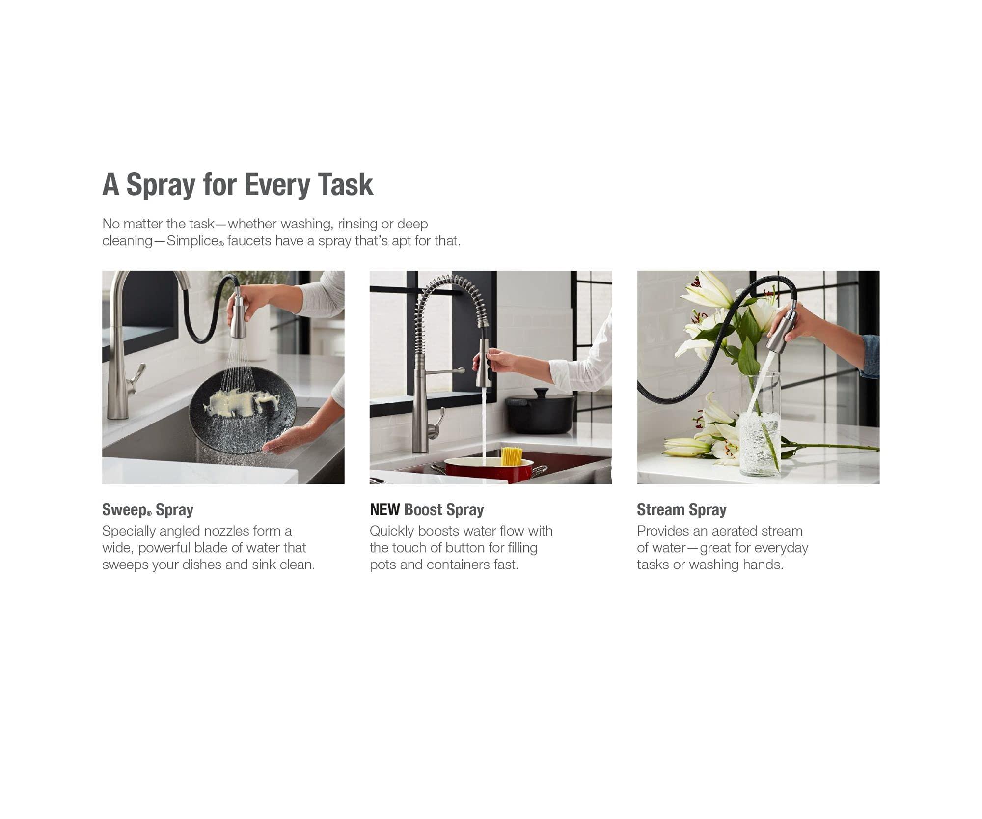 Kohler KOHLER Simplice Pull Down Kitchen Faucet, 3-Spray Faucet, Kitchen Sink Faucet with Pull Down Sprayer, Matte Black, K-596-BL