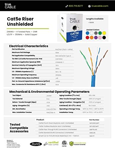 TRUE CABLE trueCABLE Cat5e Riser (CMR), 1000ft, Black, 24AWG 4 Pair Solid Bare Copper, 350MHz, PoE++ (4PPoE), ETL Listed, Unshielded Twisted Pair (UTP), Bulk Ethernet Cable