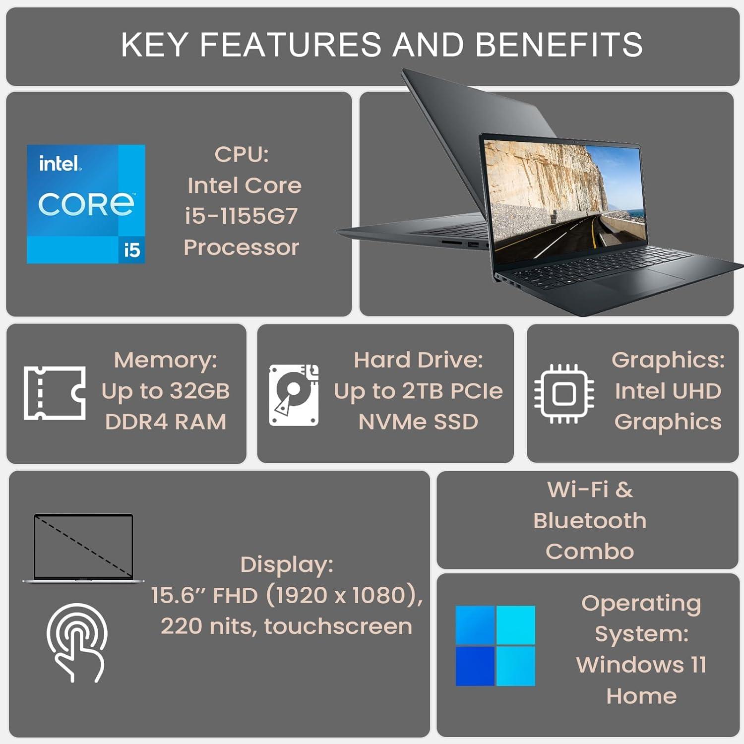 Dell DELL Inspiron Touchscreen Laptop, 15.6"" Business & Student FHD Computer, Intel i5-1155G7(Beats i7-1165G7), 32GB RAM, 1TB SSD, Webcam, Numeric Keypad, W/65W Charger, Win11 PRO, Black