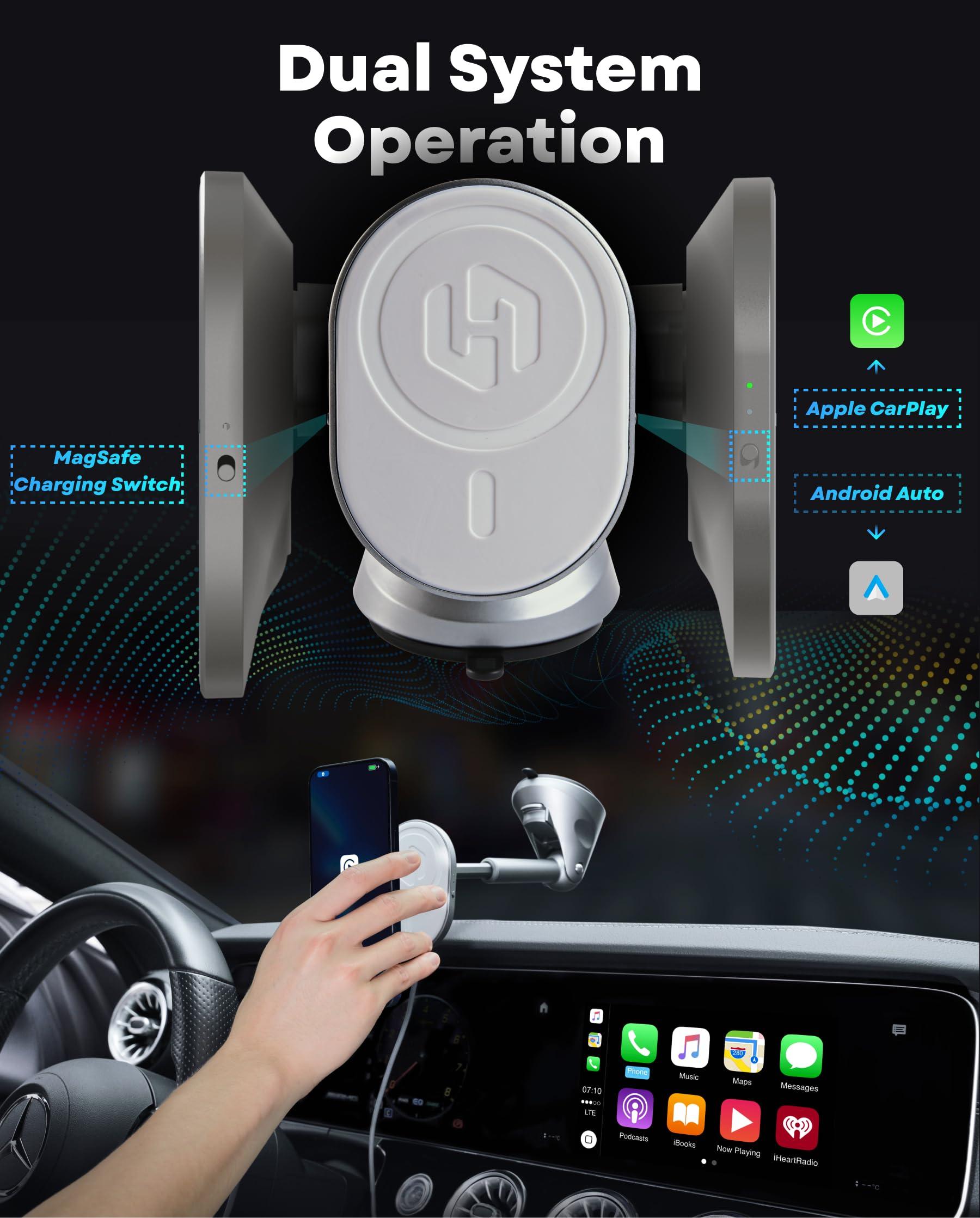 Malinto HexaCharge 3-in-1 Wireless Carplay Adapter 2024 & Magnetic Wireless Charging for iPhone and Android, Convert Wired to Wireless CarPlay and MagSafe Charging
