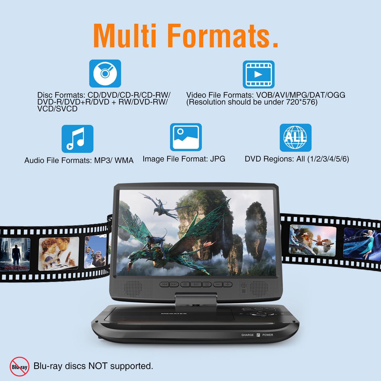 MEGATEK Megatek 12.5" Portable DVD Player with Headphones, Extended 6-Hour Battery, 10.5" HD Swivel Screen, Supports CD/DVD/USB/SD Card, Car Headrest Mount, Car Charger, AC Power Adapter, Remote Control