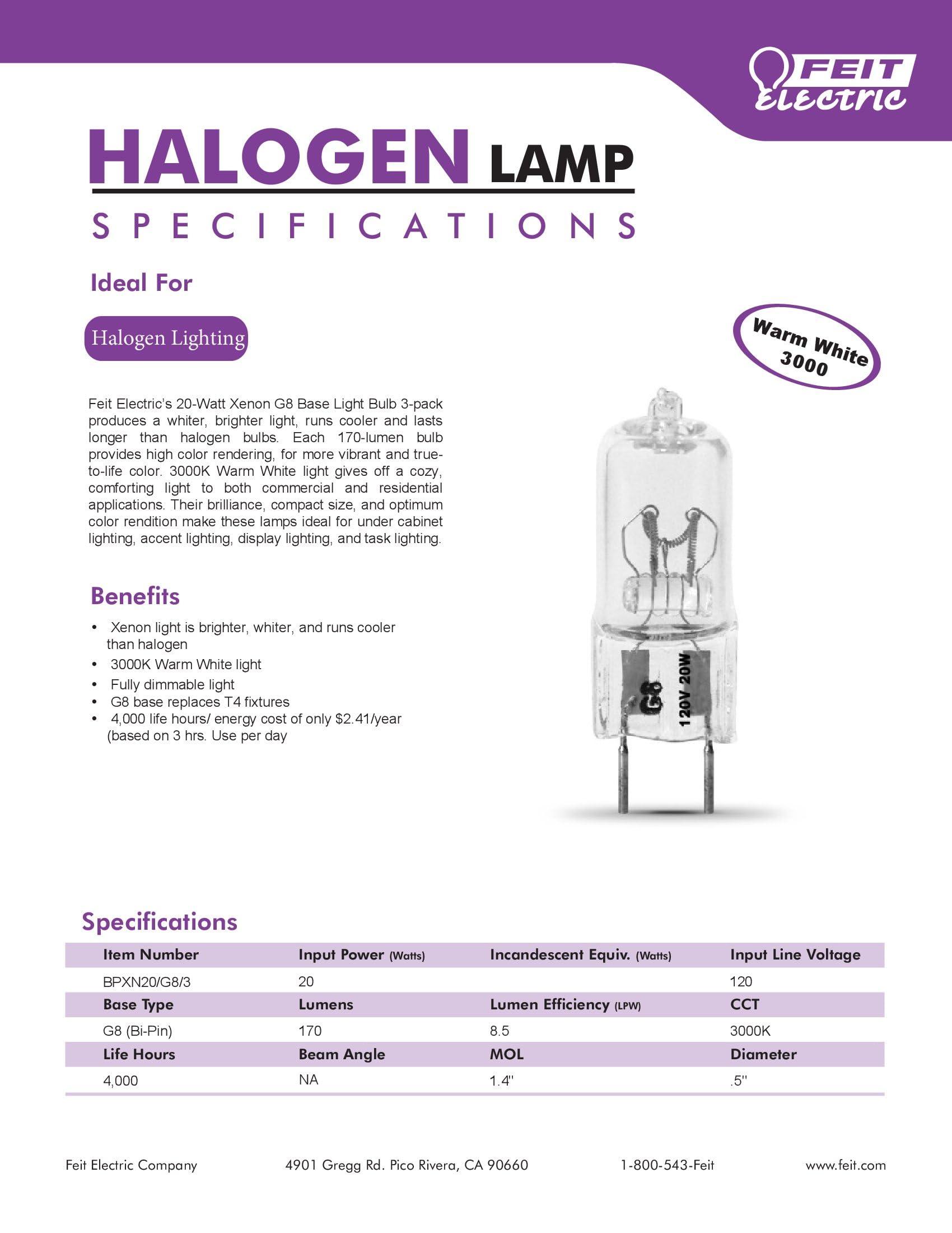 Feit Electric Feit Electric 20-Watt Xenon Halogen Light Bulb, Dimmable, 3000K Bright White, G8 Bi-Pin Base, 170 Lumens, 90+ CRI, Cool & Long-Lasting for Under Cabinet, Accent, Display, & Task Lighting, 3-Pack