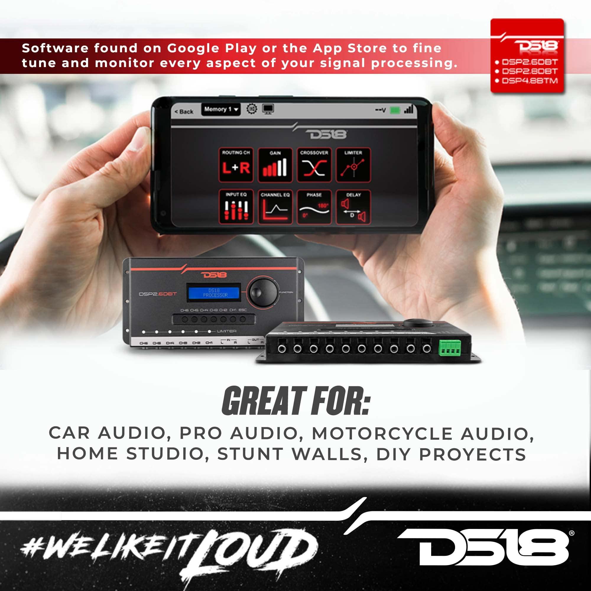 DS18 DS18 DSP2.6DBT 2-Channel in and 6-Channel Out Digital Sound Processor with Bluetooth and LCD Screen - Didactic and Intuitive Interface Through The App.