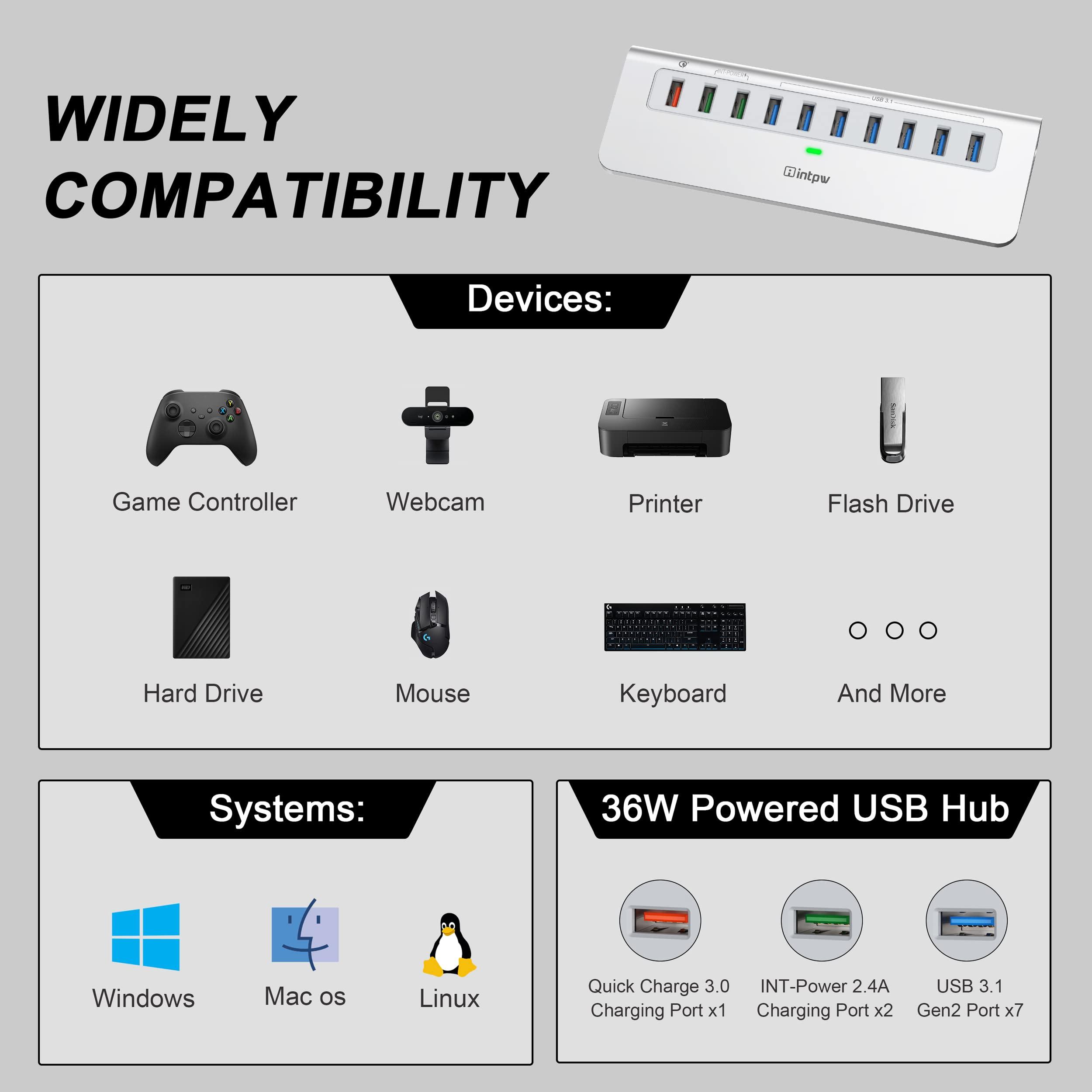 intpw Powered USB Hub 10Gbps, 10 Port USB 3.1 Gen 2 Hub with 7 USB 3.1 Data Ports, 3 Fast Charging Ports, 36W Power Adapter, Type A and Type C Cable, Aluminum USB Data Hub for Mac, PC, Laptop